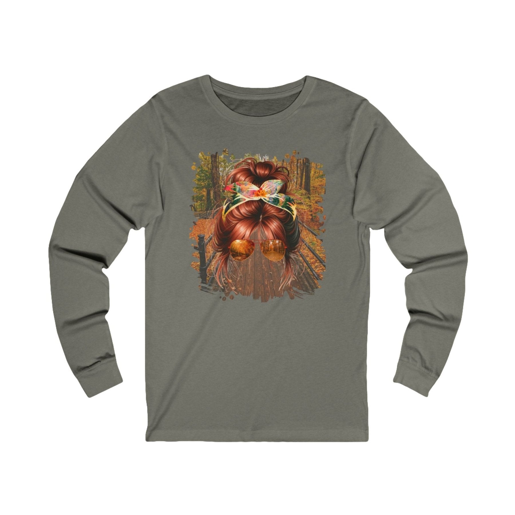 Fall Hike, Red Hair Messy Bun, Unisex Jersey Long Sleeve Tee - Janlyn's Crafts