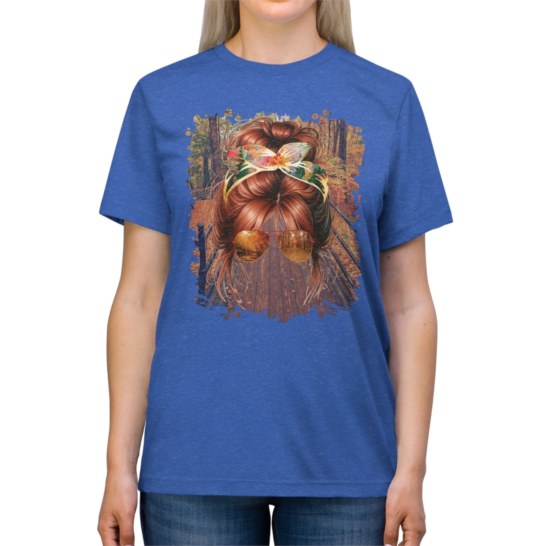 Fall Hike, Red Hair Messy Bun, Unisex Triblend T - Shirt - Janlyn's Crafts