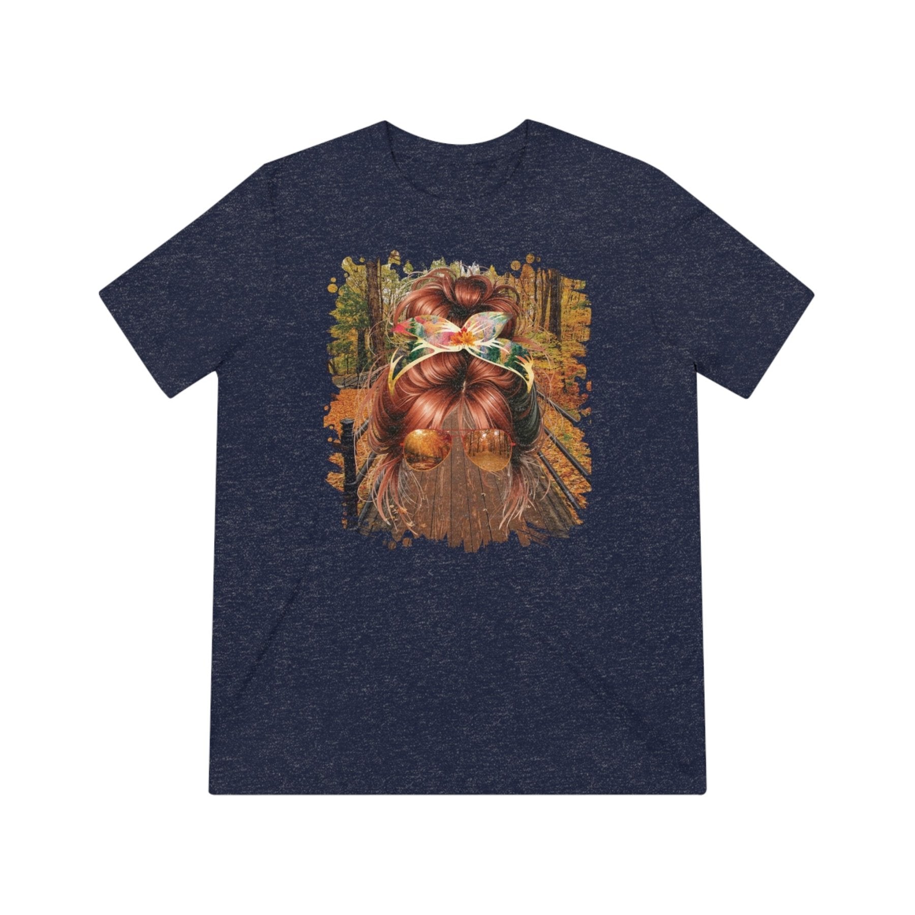 Fall Hike, Red Hair Messy Bun, Unisex Triblend T - Shirt - Janlyn's Crafts