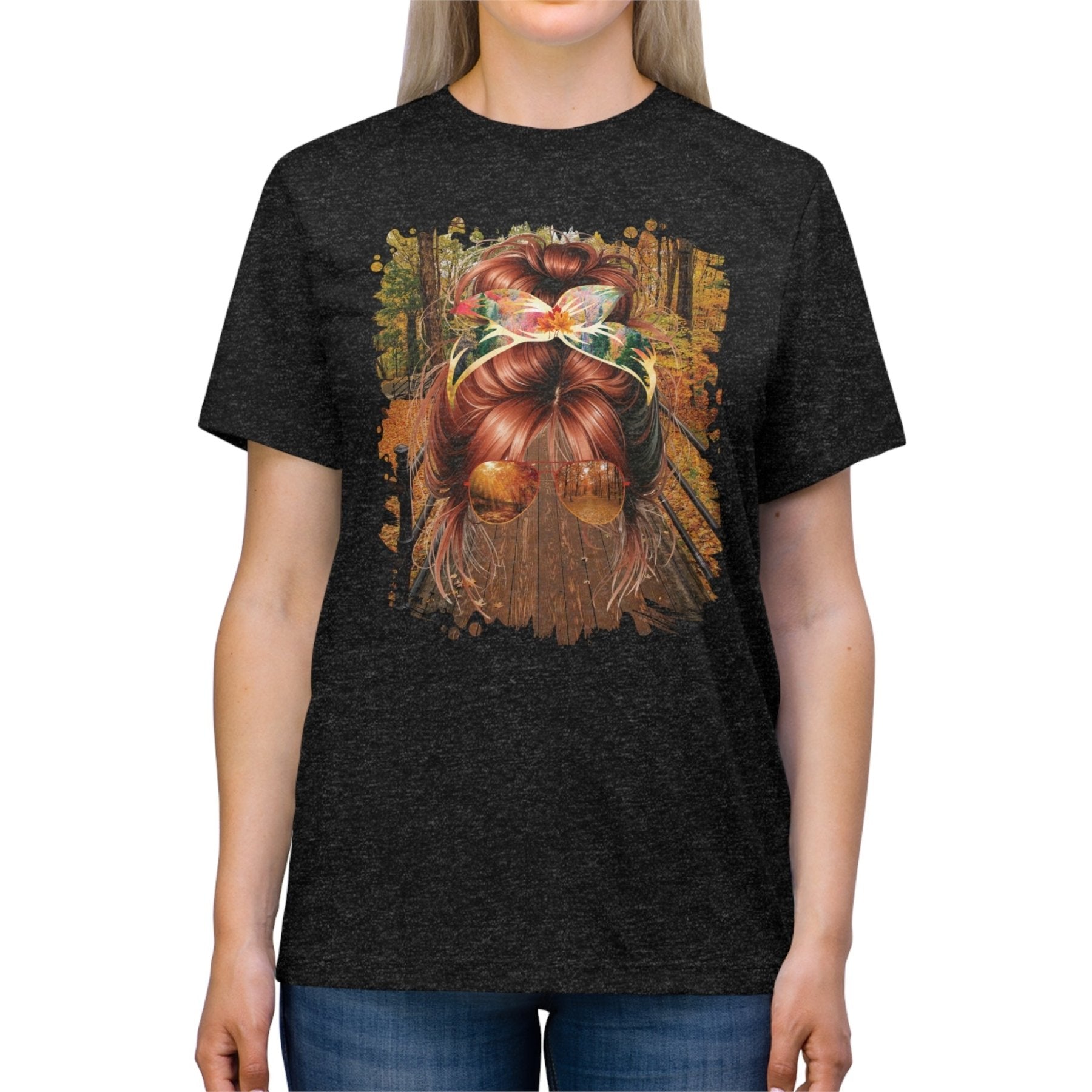 Fall Hike, Red Hair Messy Bun, Unisex Triblend T - Shirt - Janlyn's Crafts