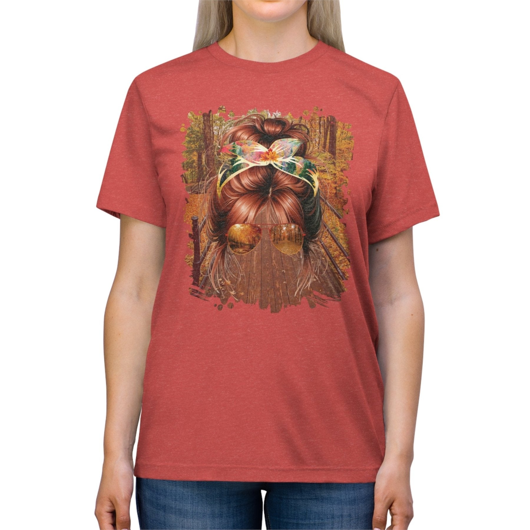 Fall Hike, Red Hair Messy Bun, Unisex Triblend T - Shirt - Janlyn's Crafts