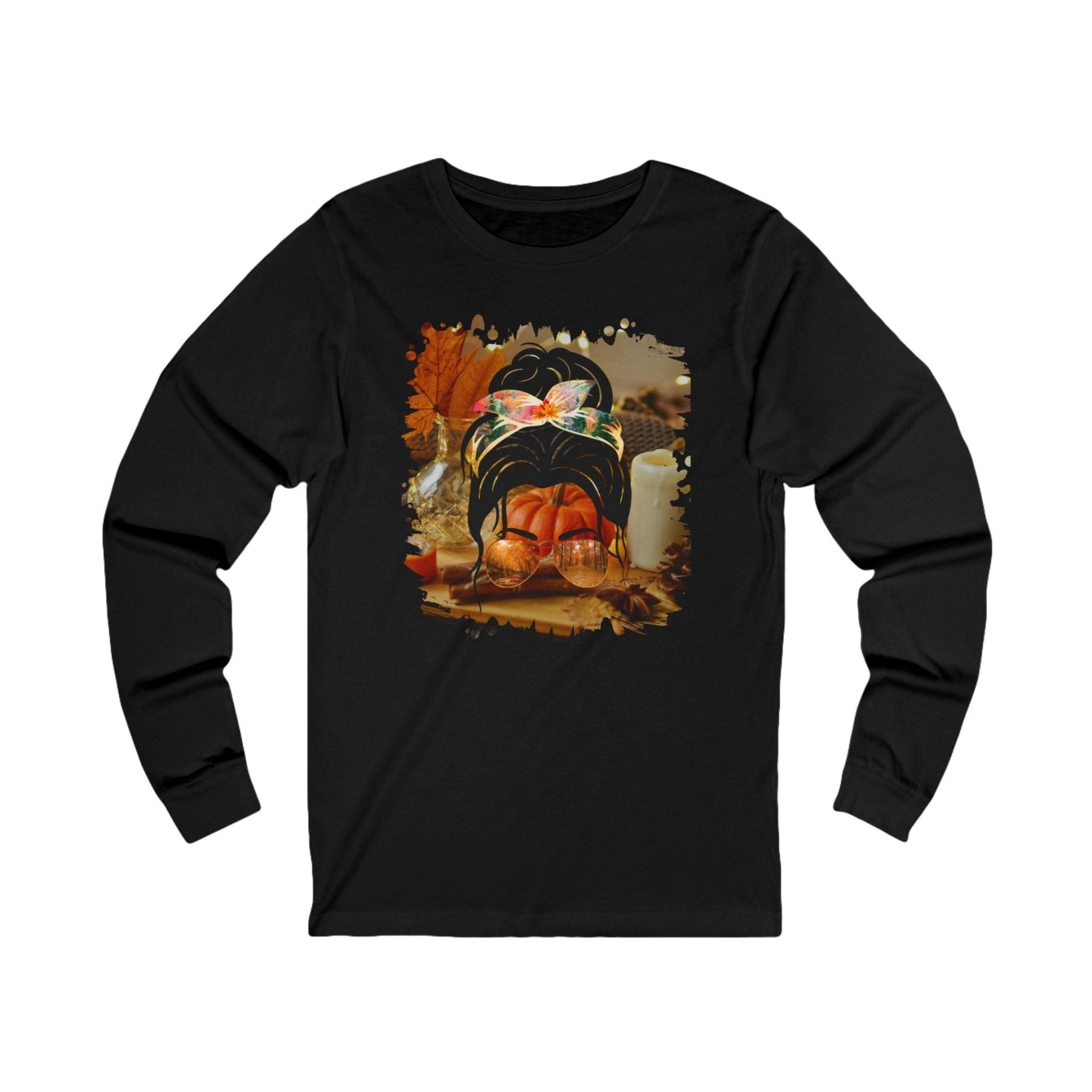 Fall Home, Dark Hair Messy Bun, Unisex Jersey Long Sleeve Tee - Janlyn's Crafts