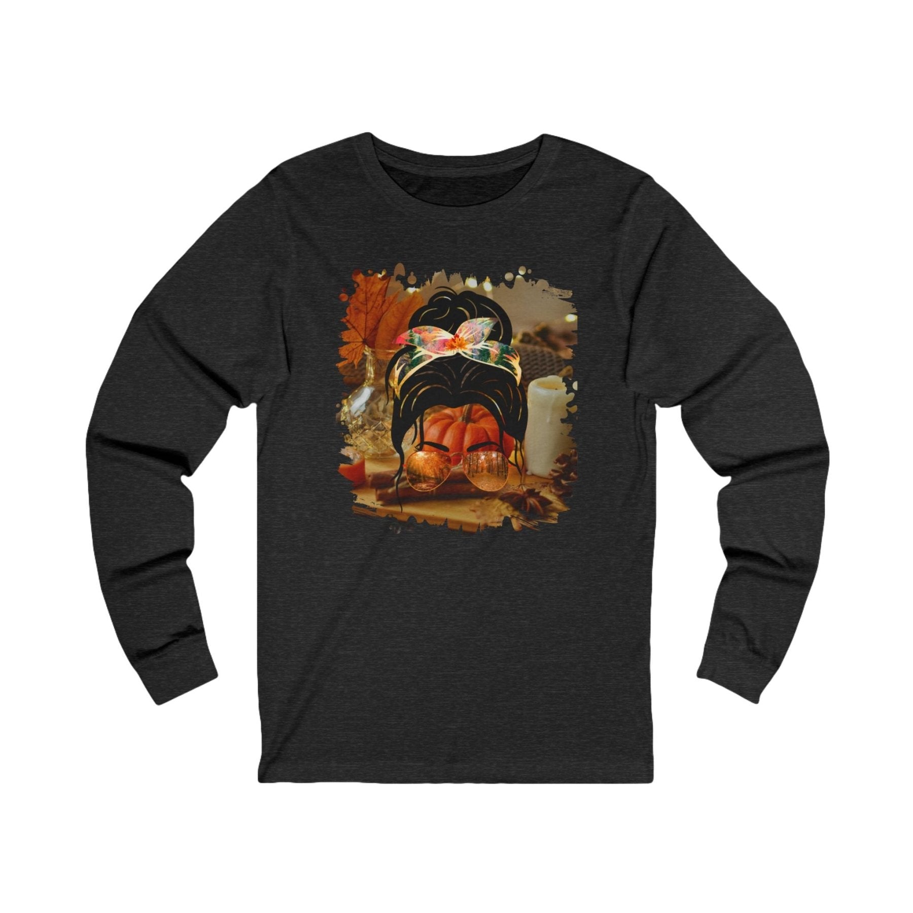 Fall Home, Dark Hair Messy Bun, Unisex Jersey Long Sleeve Tee - Janlyn's Crafts