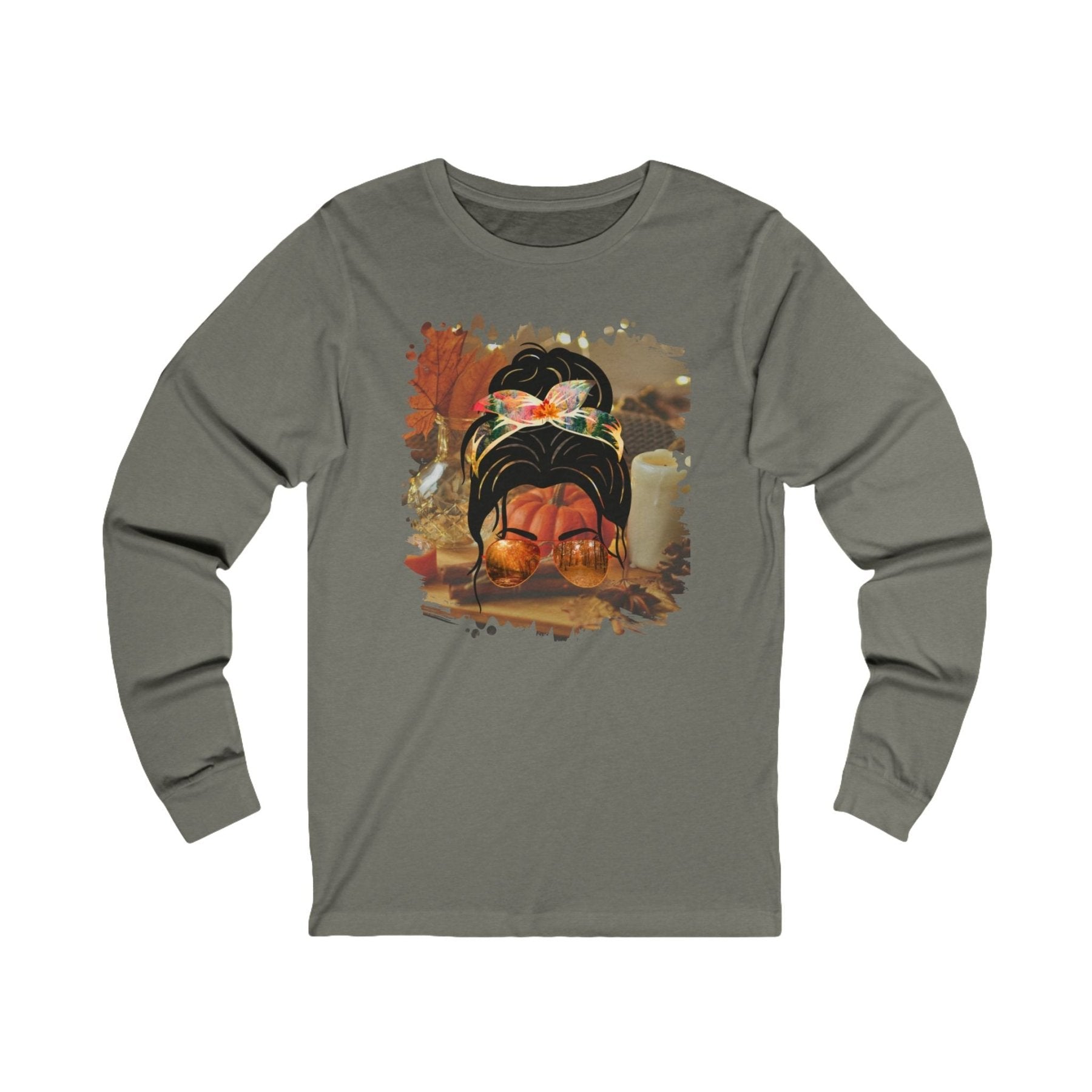 Fall Home, Dark Hair Messy Bun, Unisex Jersey Long Sleeve Tee - Janlyn's Crafts