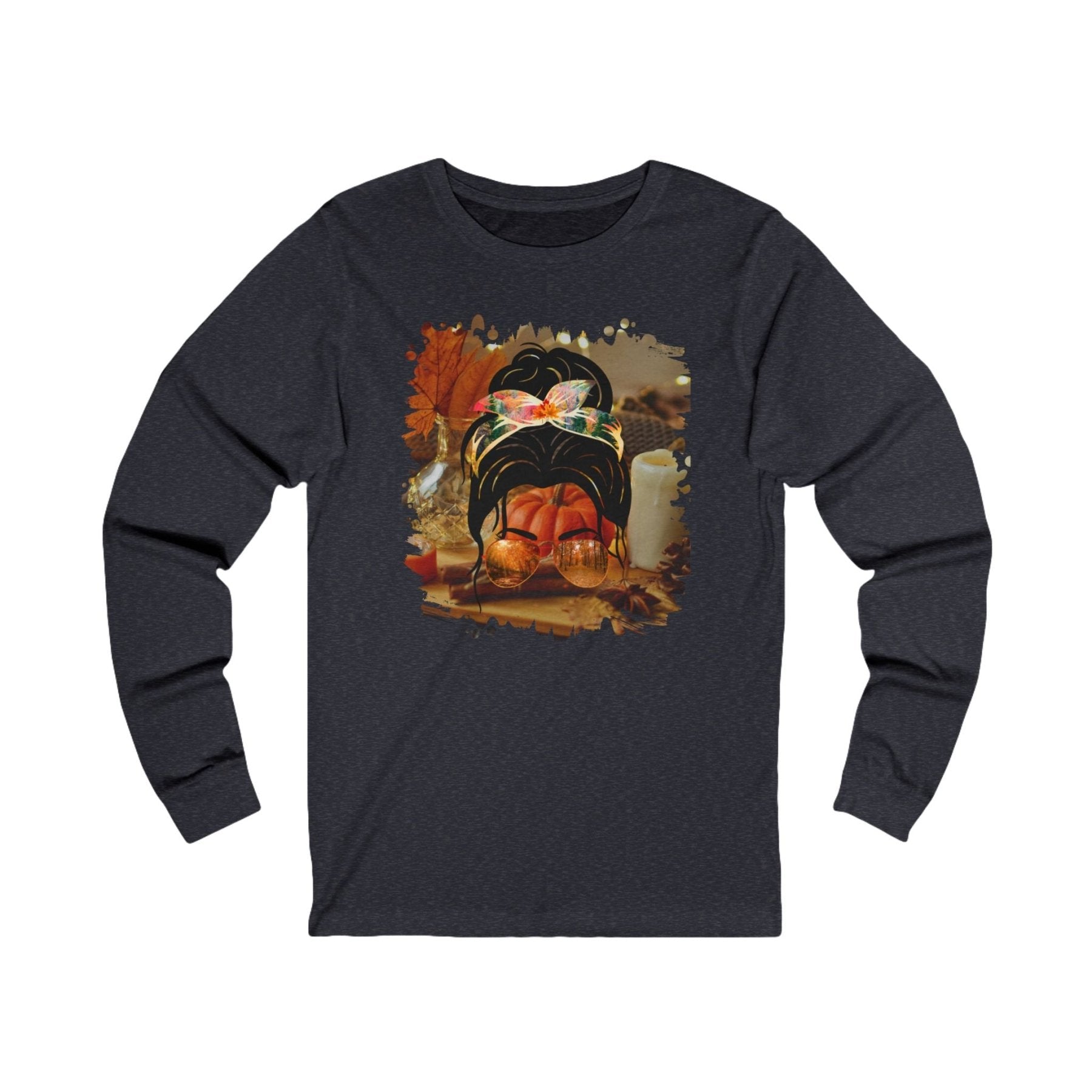 Fall Home, Dark Hair Messy Bun, Unisex Jersey Long Sleeve Tee - Janlyn's Crafts