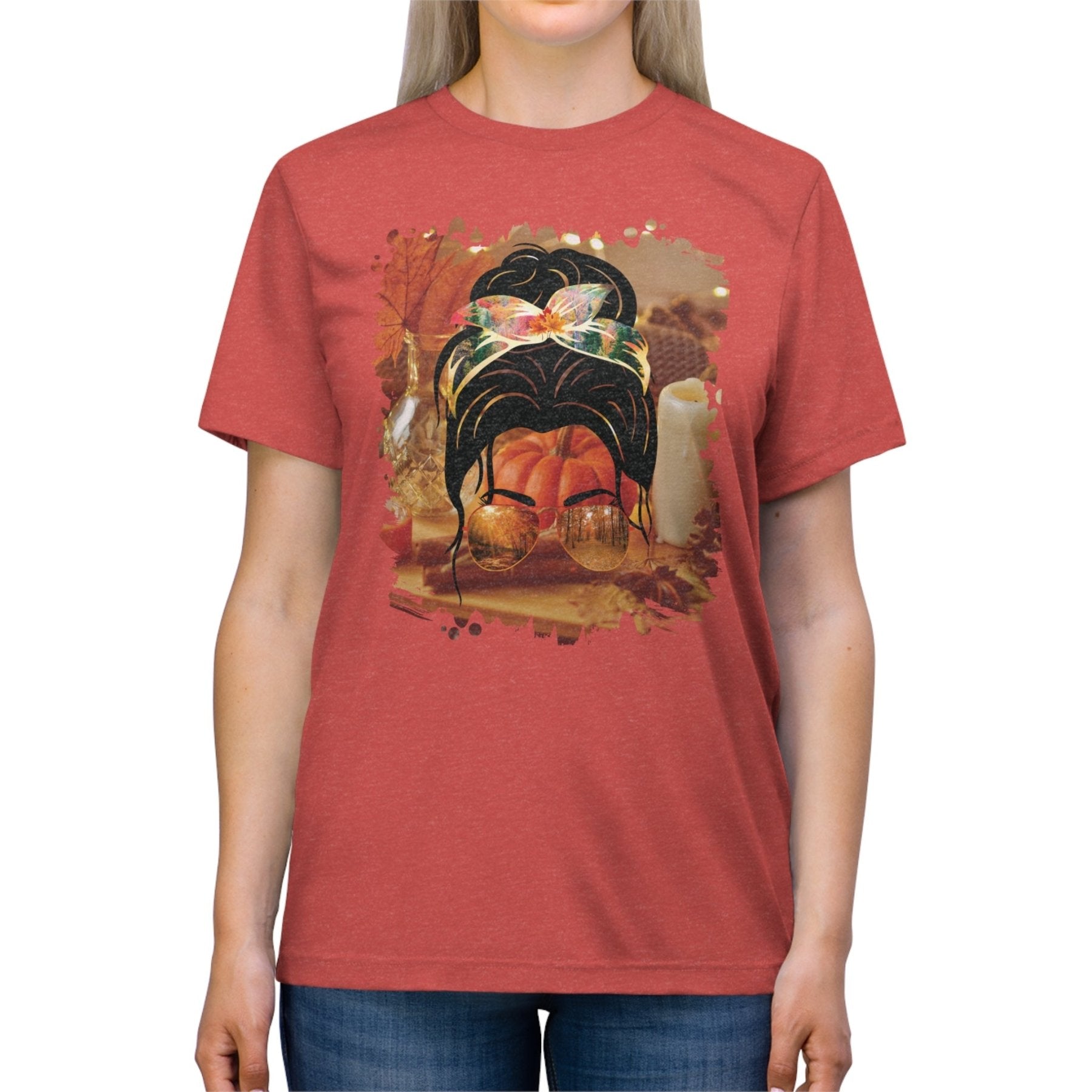 Fall Home, Dark Hair Messy Bun, Unisex Triblend T - Shirt - Janlyn's Crafts