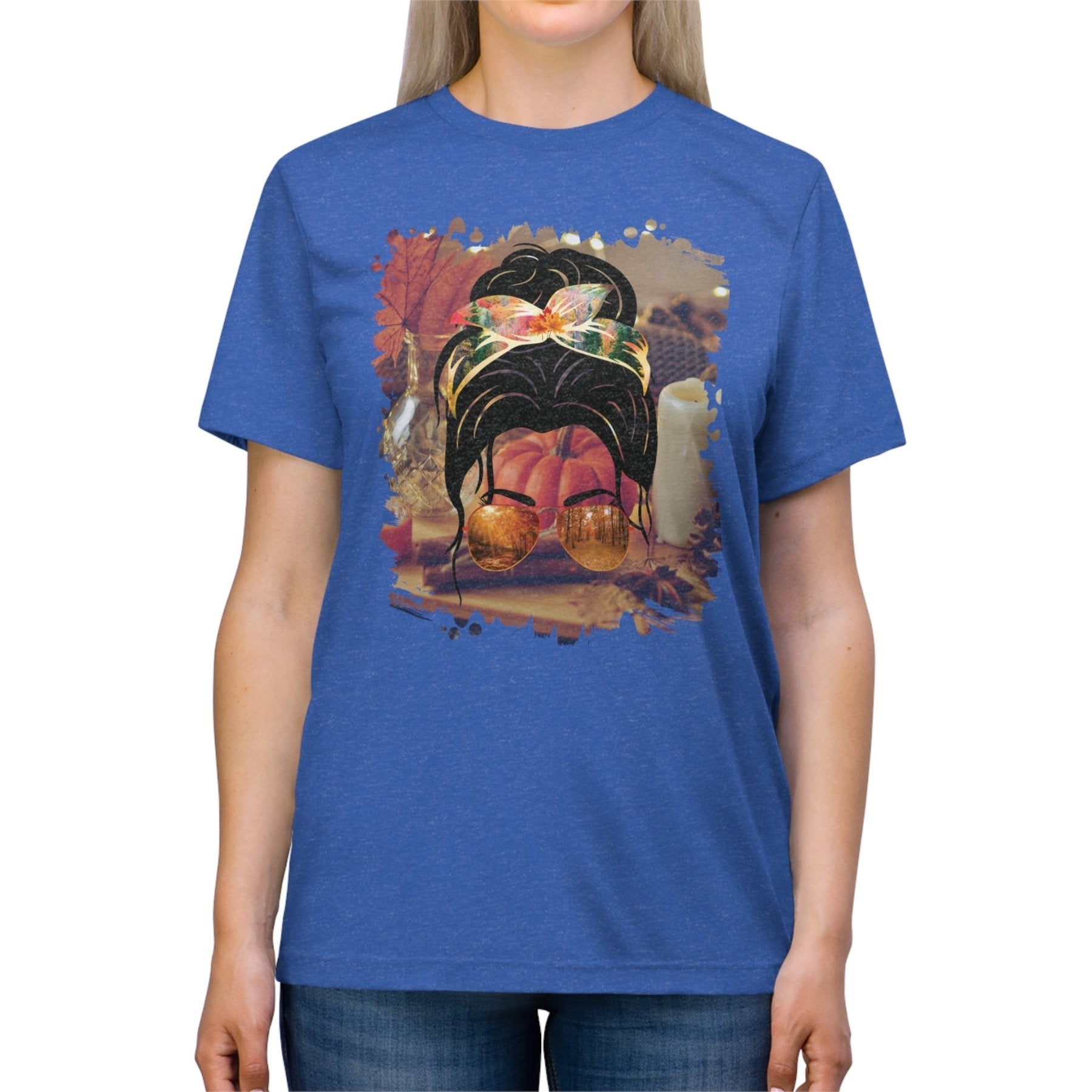 Fall Home, Dark Hair Messy Bun, Unisex Triblend T - Shirt - Janlyn's Crafts