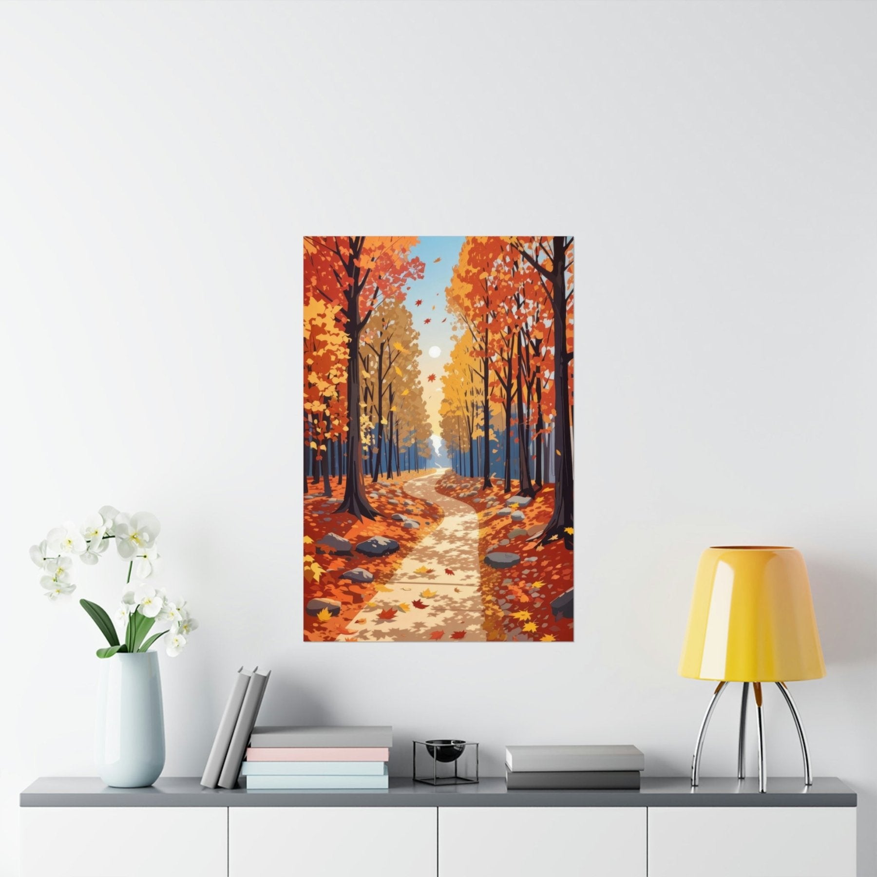 Poster print of Forest scene in the season of Fall Autumn hung on a wall in available print sizes | Janlyn's Crafts