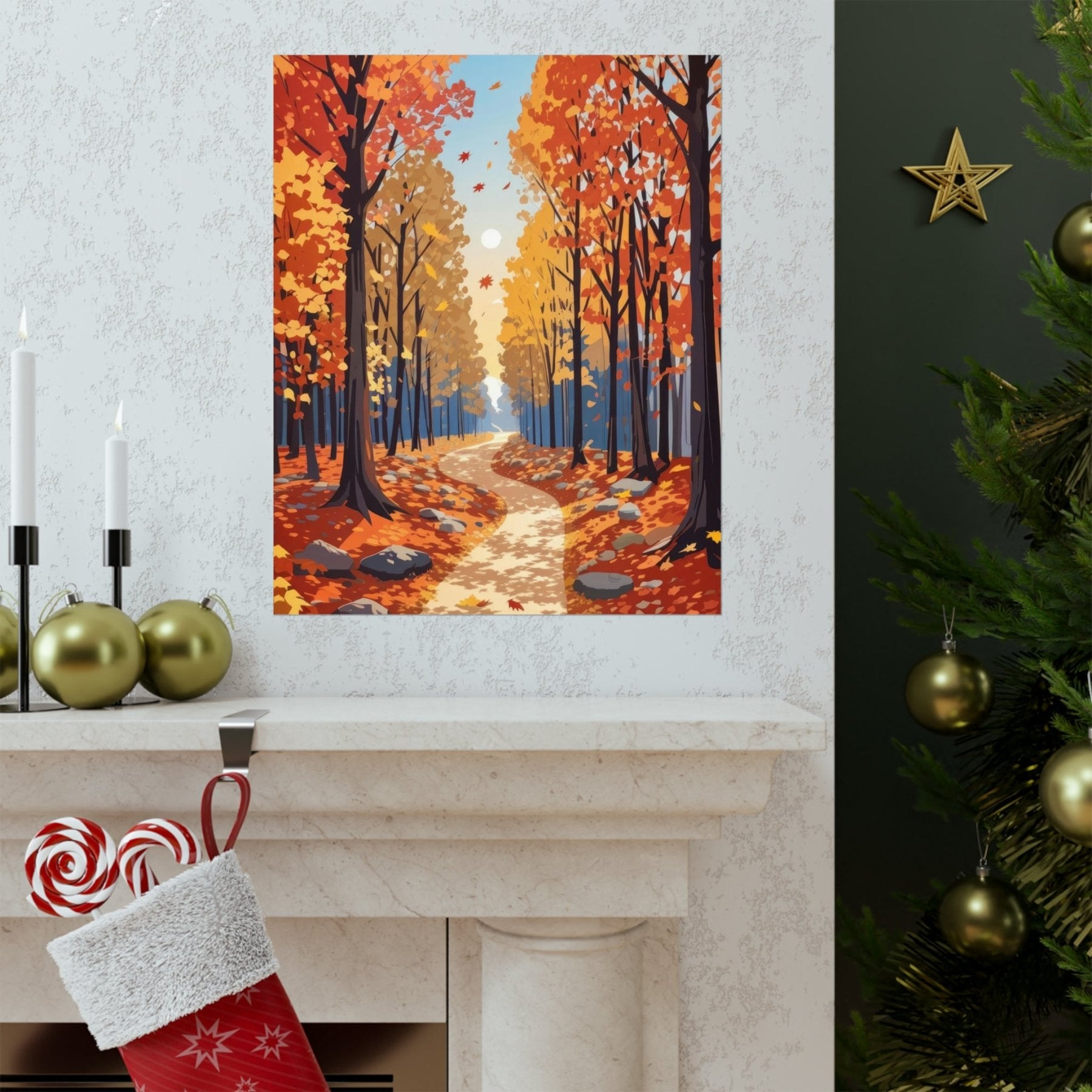 Poster print of Forest scene in the season of Fall Autumn hung on a wall in available print sizes | Janlyn's Crafts