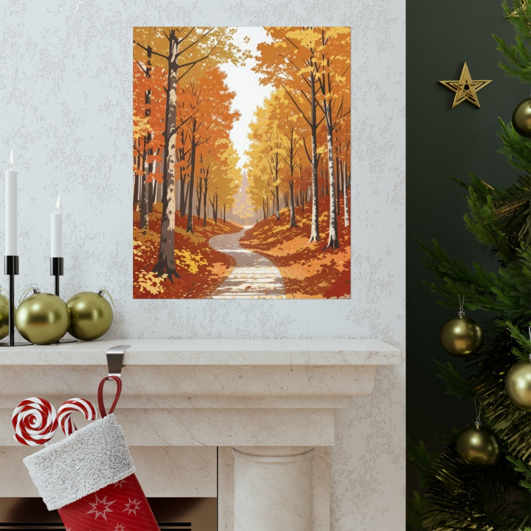 Poster print of Forest scene in the season of Fall Autumn hung on a wall in available print sizes | Janlyn's Crafts