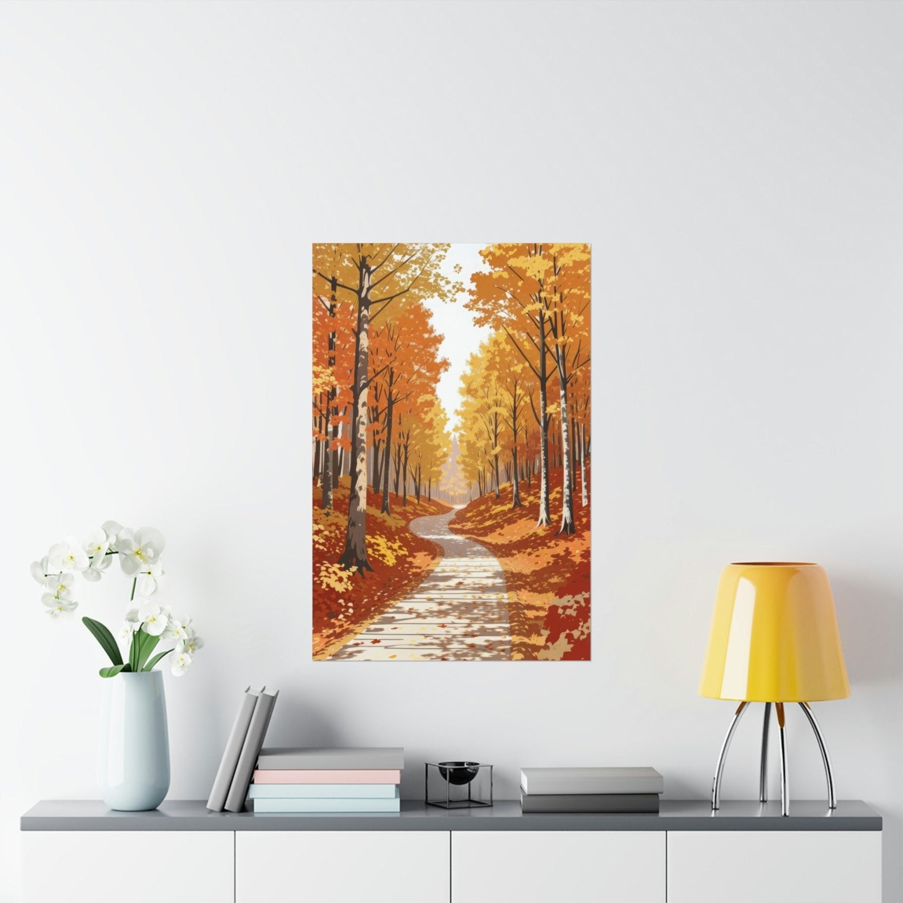 Poster print of Forest scene in the season of Fall Autumn hung on a wall in available print sizes | Janlyn's Crafts