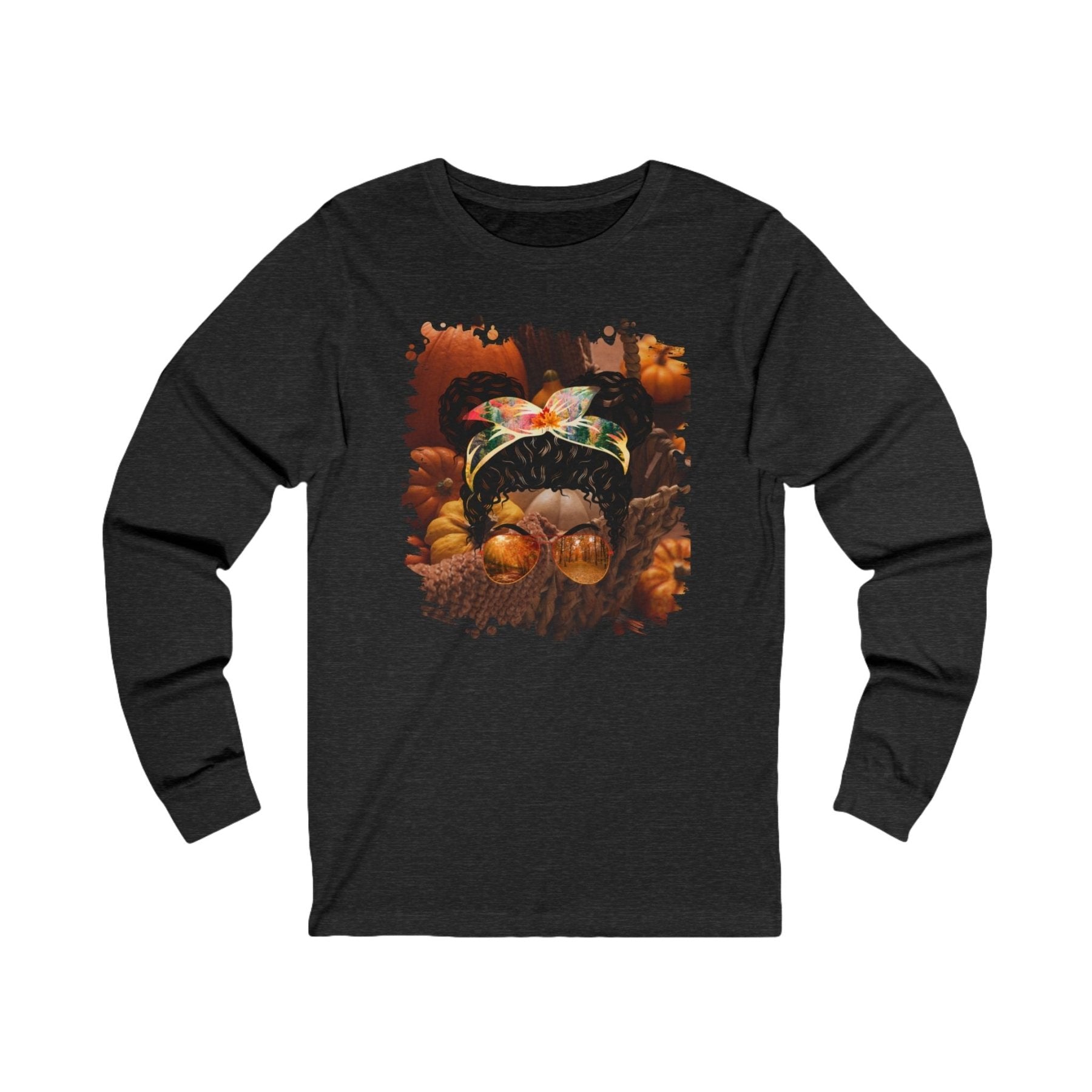 Fall Pumpkins, Black Hair Messy Bun, Unisex Jersey Long Sleeve Tee - Janlyn's Crafts