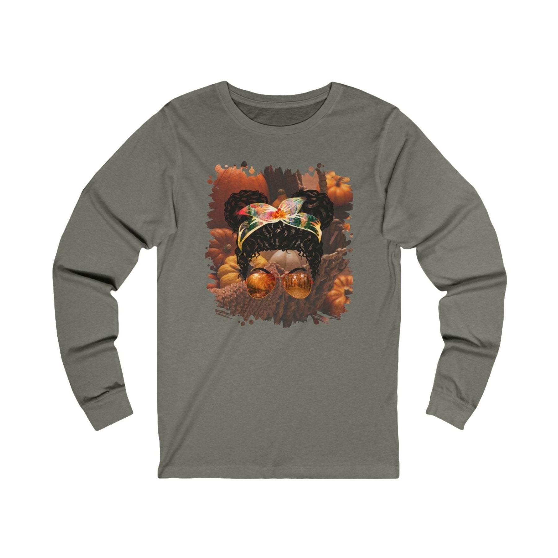 Fall Pumpkins, Black Hair Messy Bun, Unisex Jersey Long Sleeve Tee - Janlyn's Crafts