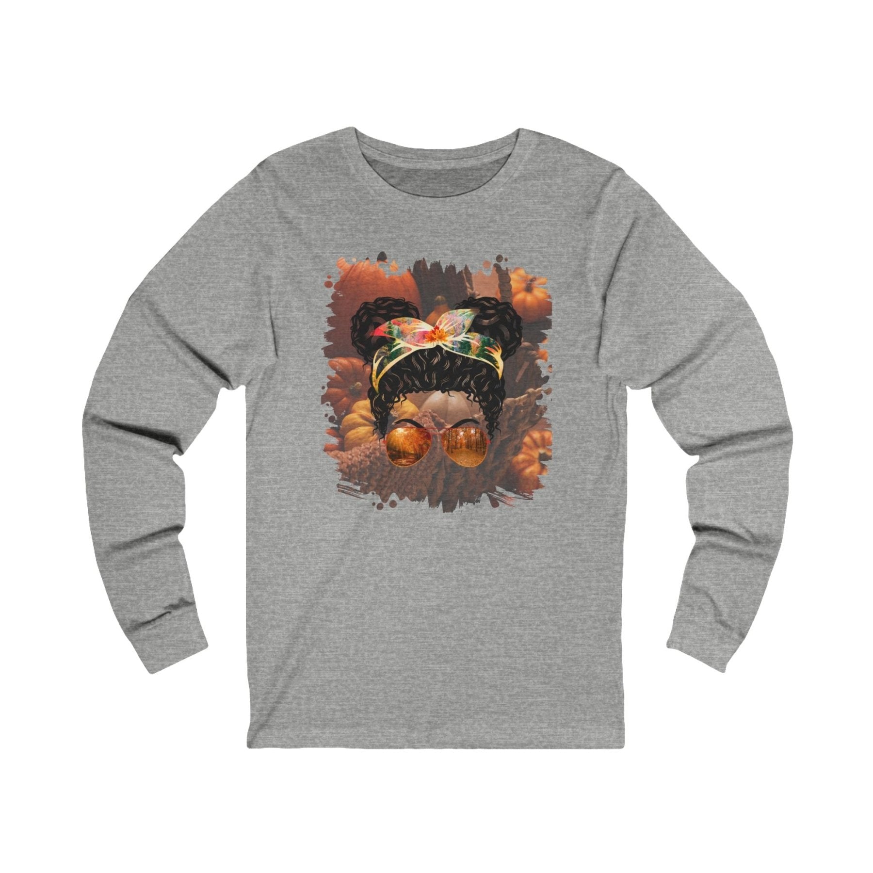 Fall Pumpkins, Black Hair Messy Bun, Unisex Jersey Long Sleeve Tee - Janlyn's Crafts