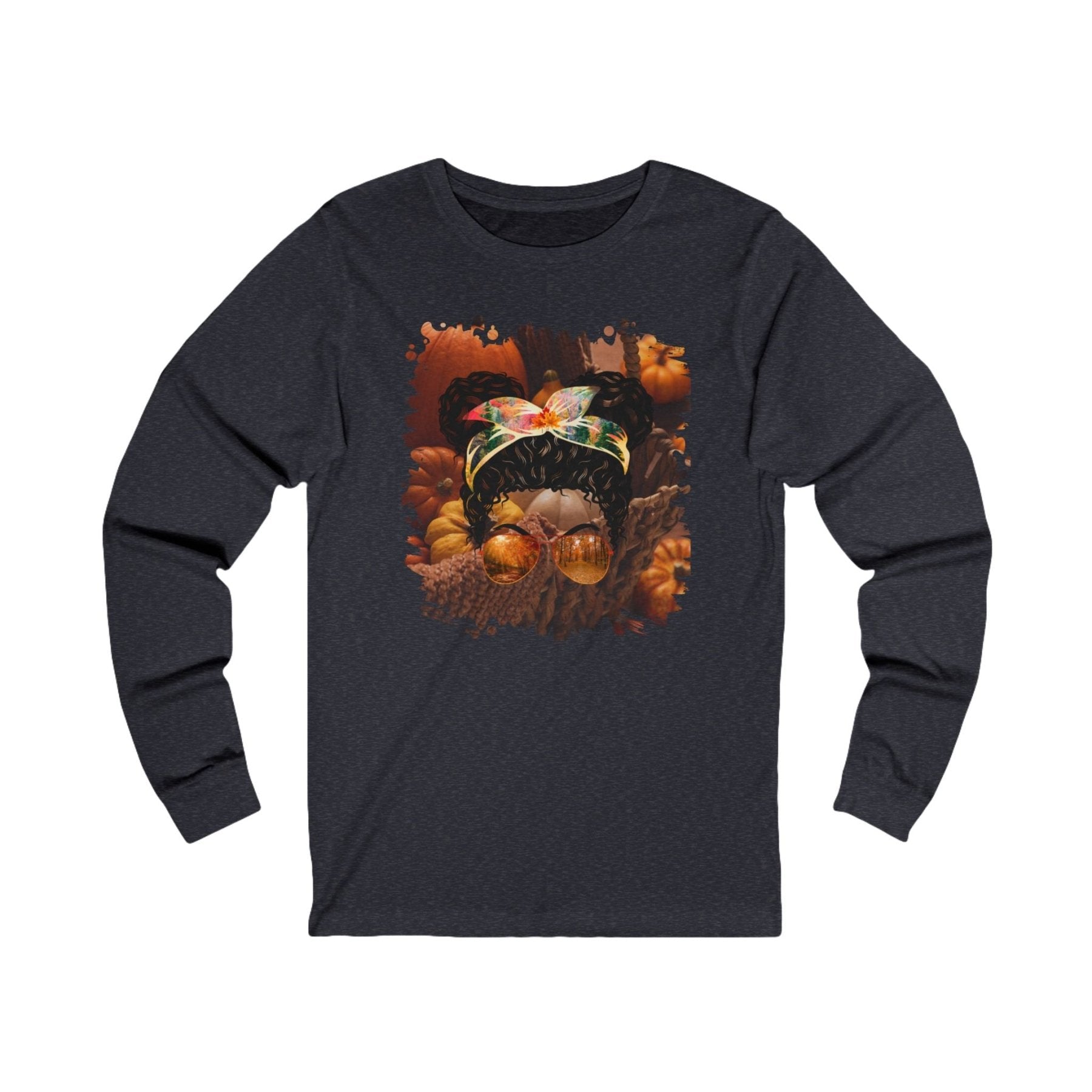 Fall Pumpkins, Black Hair Messy Bun, Unisex Jersey Long Sleeve Tee - Janlyn's Crafts