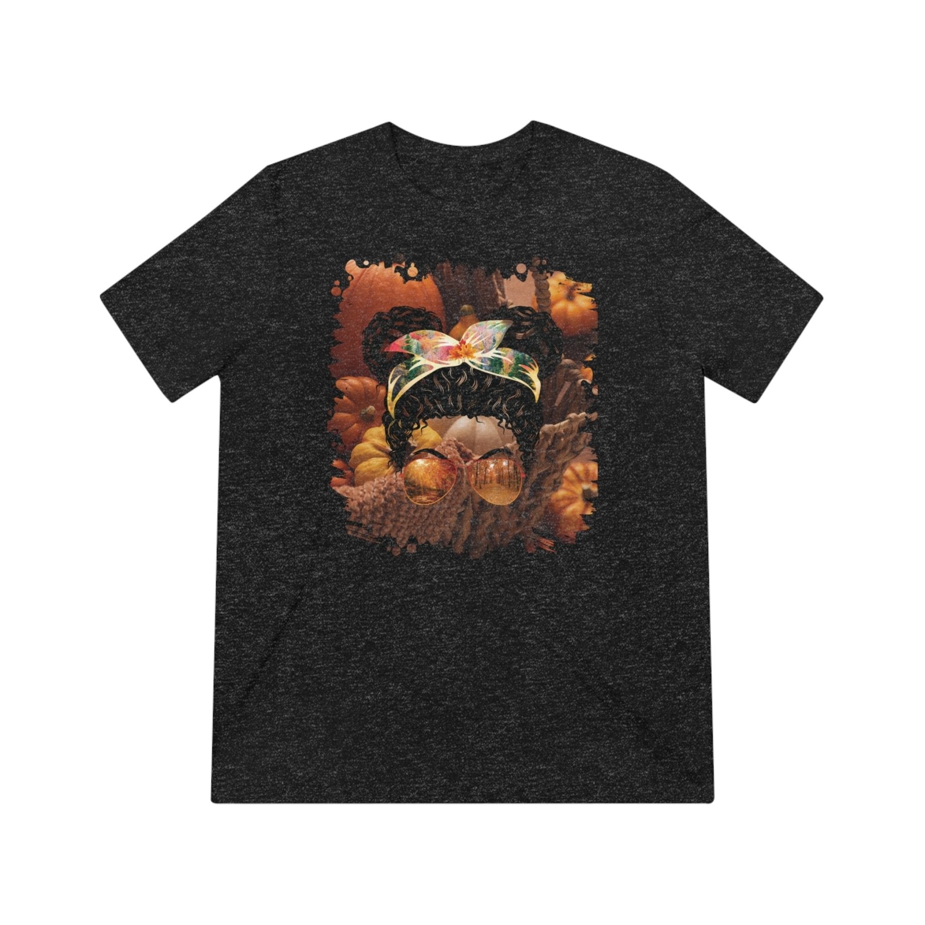 Fall Pumpkins, Black Hair Messy Bun, Unisex Triblend T - Shirt - Janlyn's Crafts