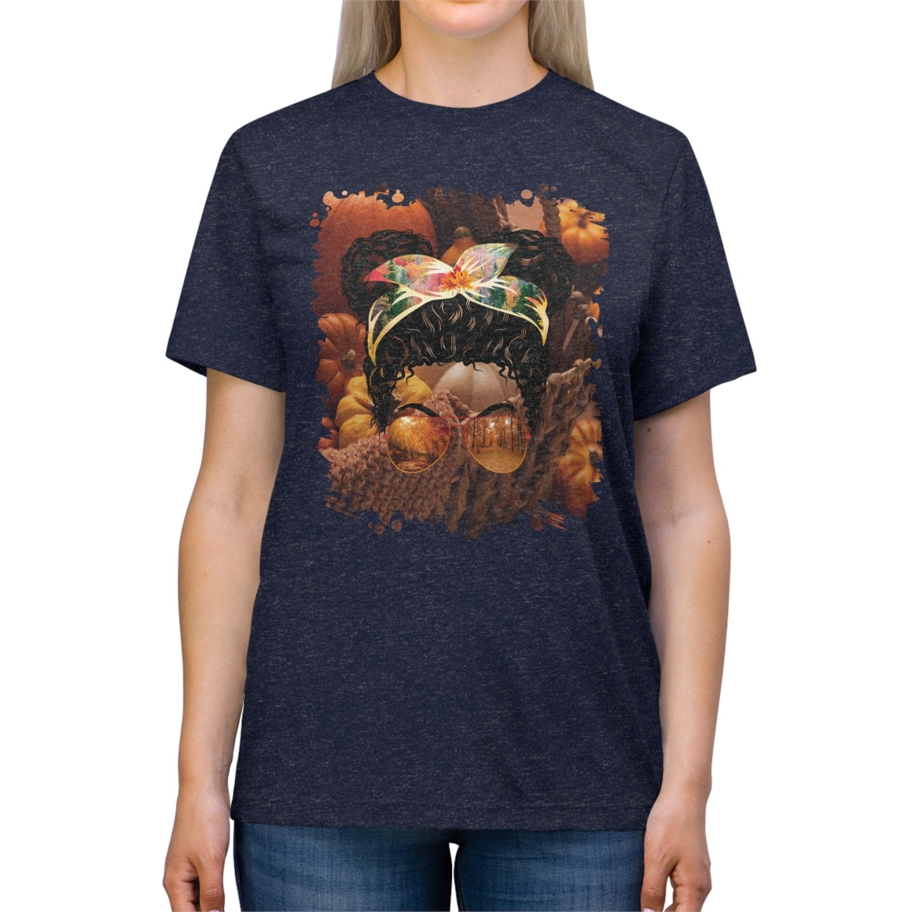 Fall Pumpkins, Black Hair Messy Bun, Unisex Triblend T - Shirt - Janlyn's Crafts