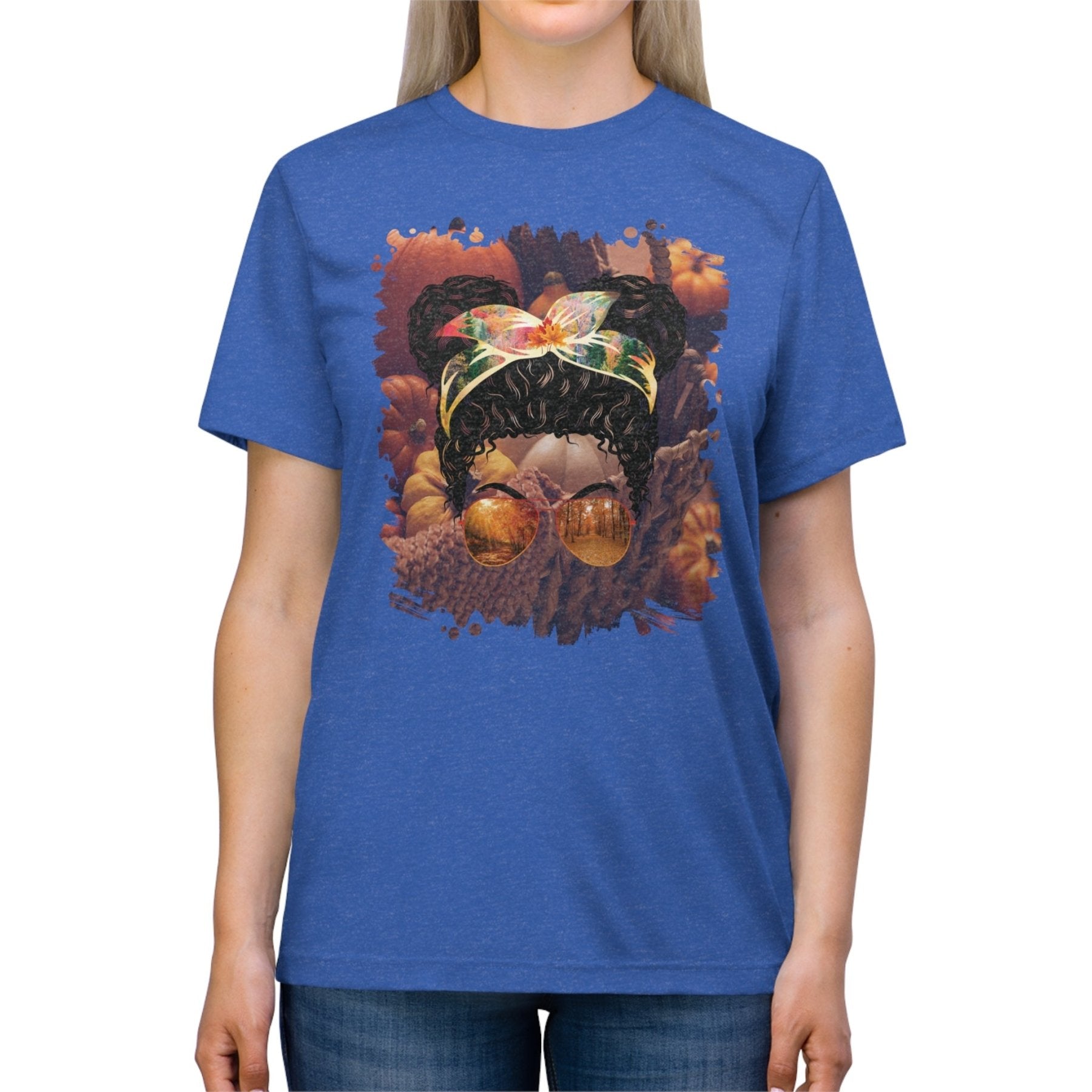 Fall Pumpkins, Black Hair Messy Bun, Unisex Triblend T - Shirt - Janlyn's Crafts