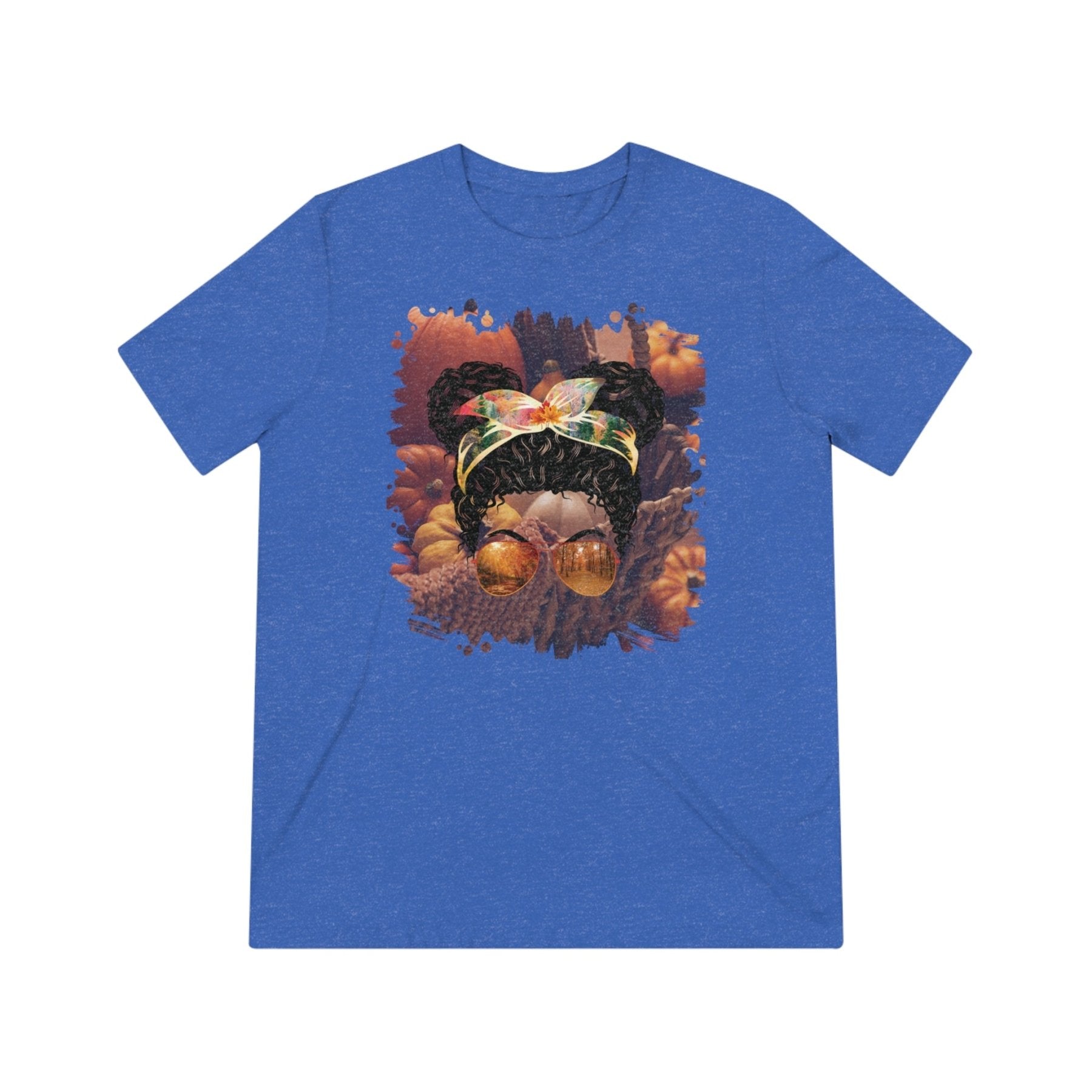 Fall Pumpkins, Black Hair Messy Bun, Unisex Triblend T - Shirt - Janlyn's Crafts