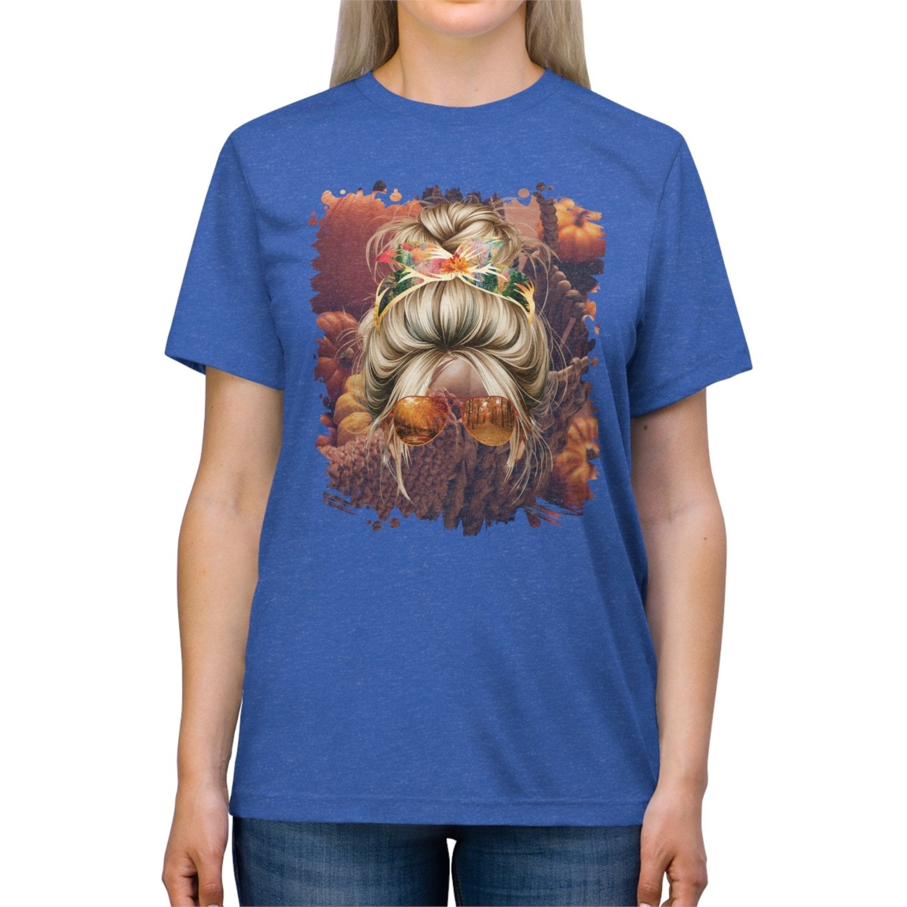 Fall Pumpkins, Blond Hair Messy Bun, Unisex Triblend T - Shirt - Janlyn's Crafts