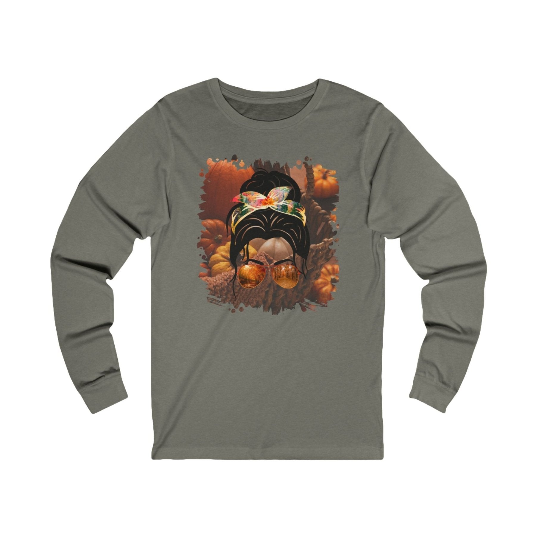 Fall Pumpkins, Dark Hair Messy Bun, Unisex Jersey Long Sleeve Tee - Janlyn's Crafts