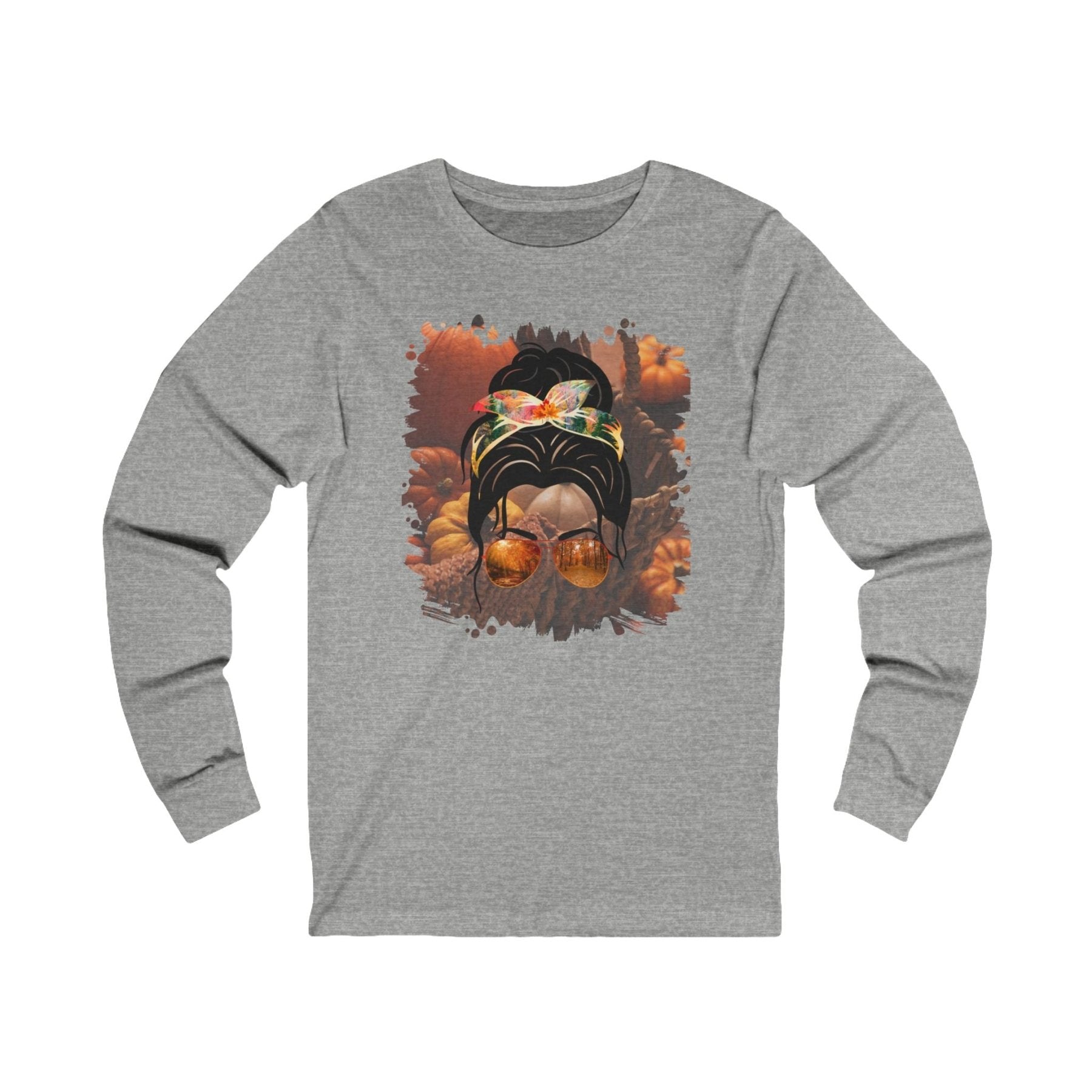 Fall Pumpkins, Dark Hair Messy Bun, Unisex Jersey Long Sleeve Tee - Janlyn's Crafts