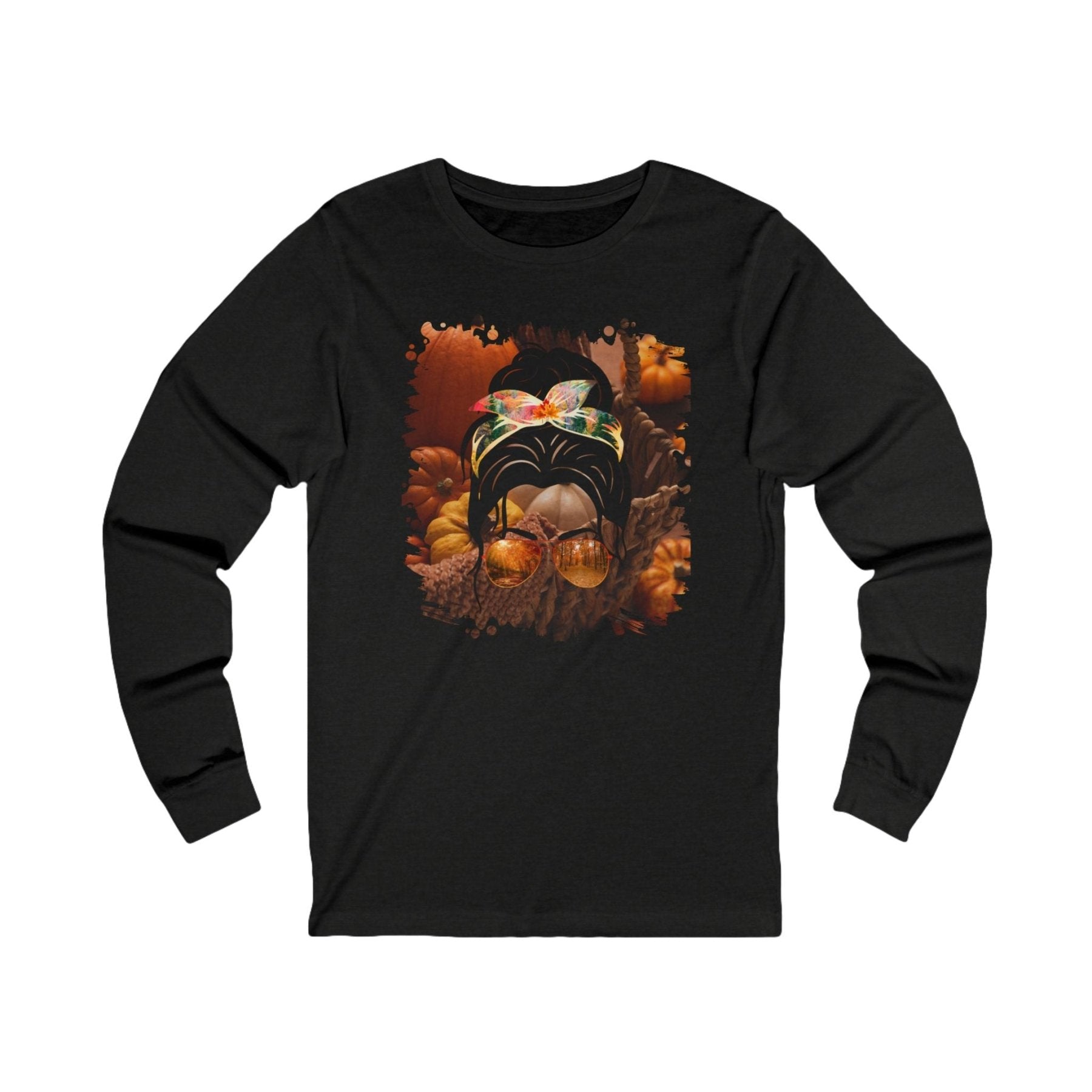 Fall Pumpkins, Dark Hair Messy Bun, Unisex Jersey Long Sleeve Tee - Janlyn's Crafts