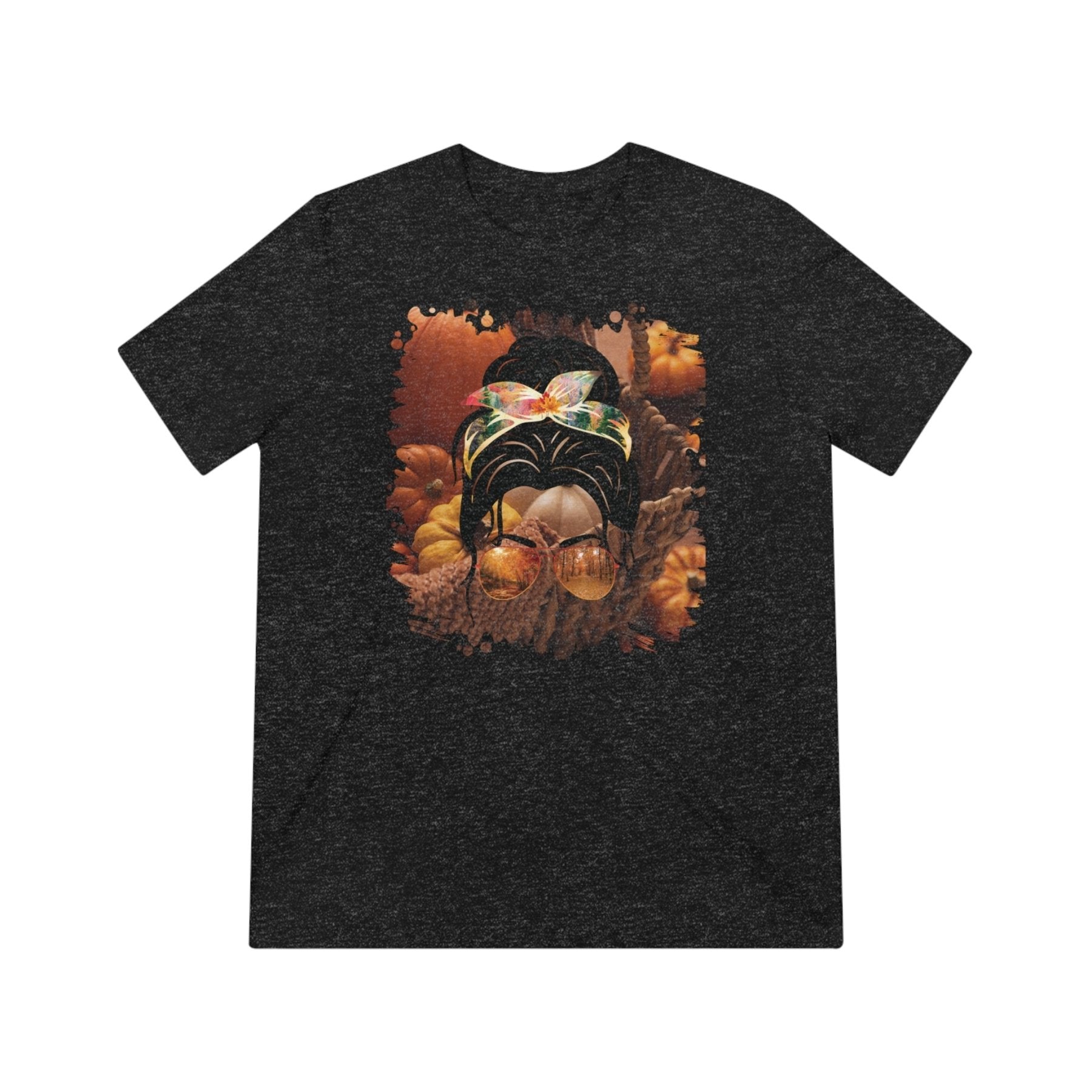 Fall Pumpkins, Dark Hair Messy Bun, Unisex Triblend T - Shirt - Janlyn's Crafts