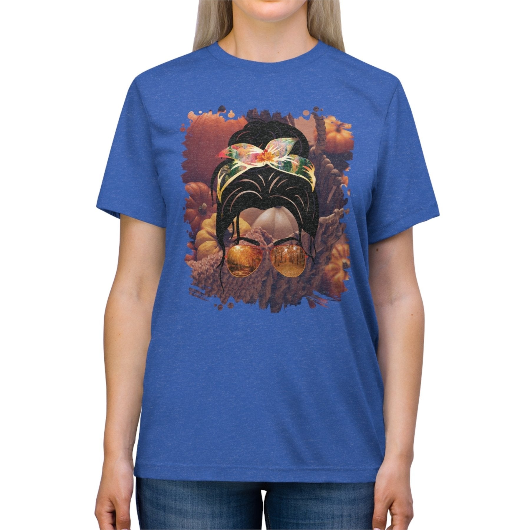 Fall Pumpkins, Dark Hair Messy Bun, Unisex Triblend T - Shirt - Janlyn's Crafts