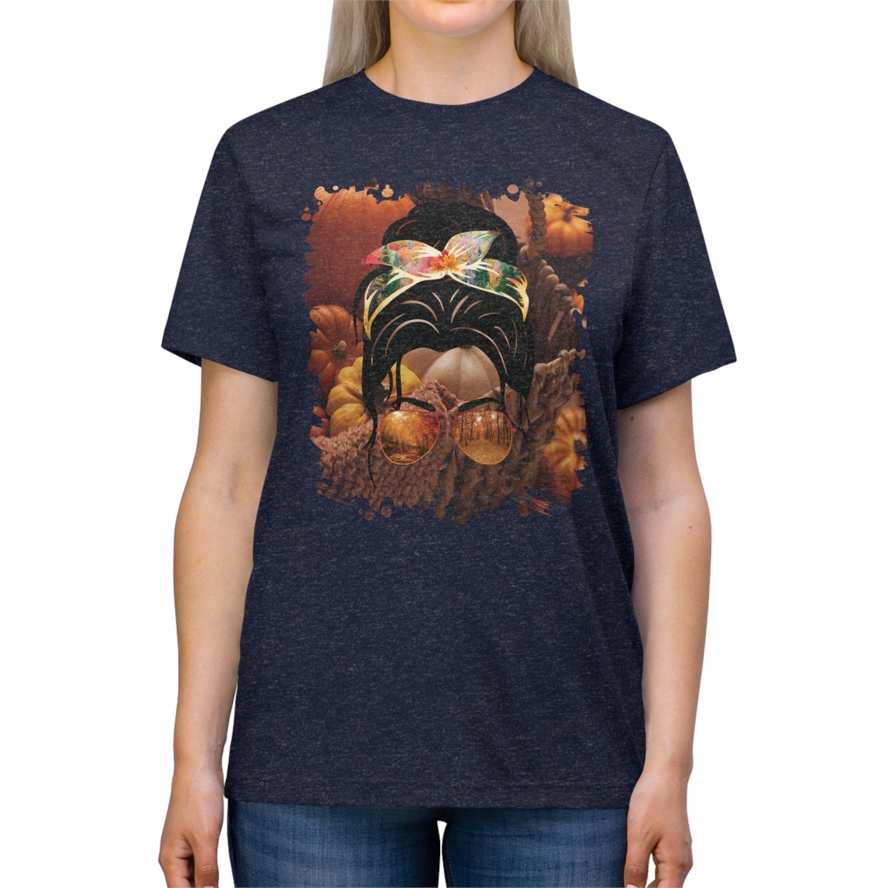 Fall Pumpkins, Dark Hair Messy Bun, Unisex Triblend T - Shirt - Janlyn's Crafts