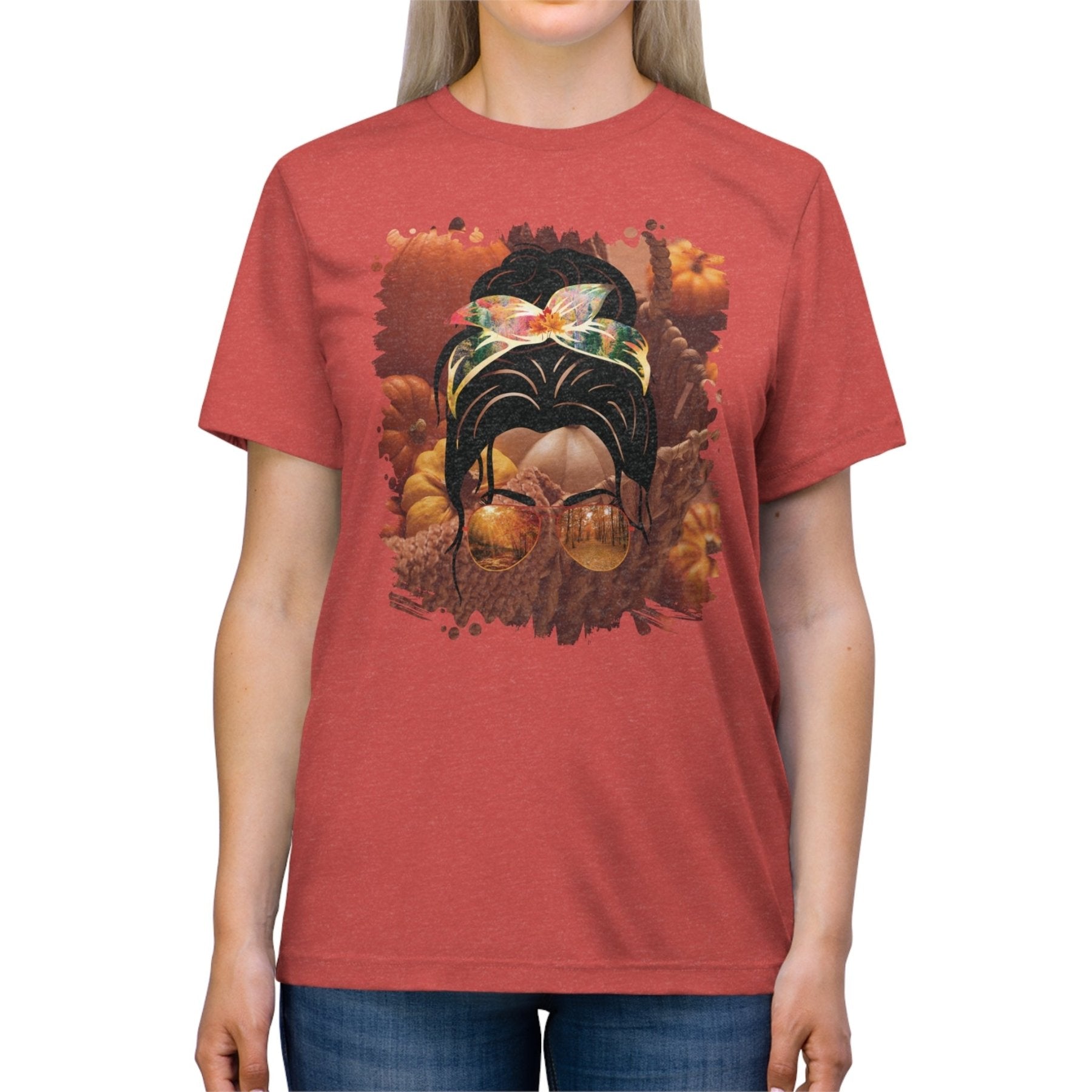 Fall Pumpkins, Dark Hair Messy Bun, Unisex Triblend T - Shirt - Janlyn's Crafts