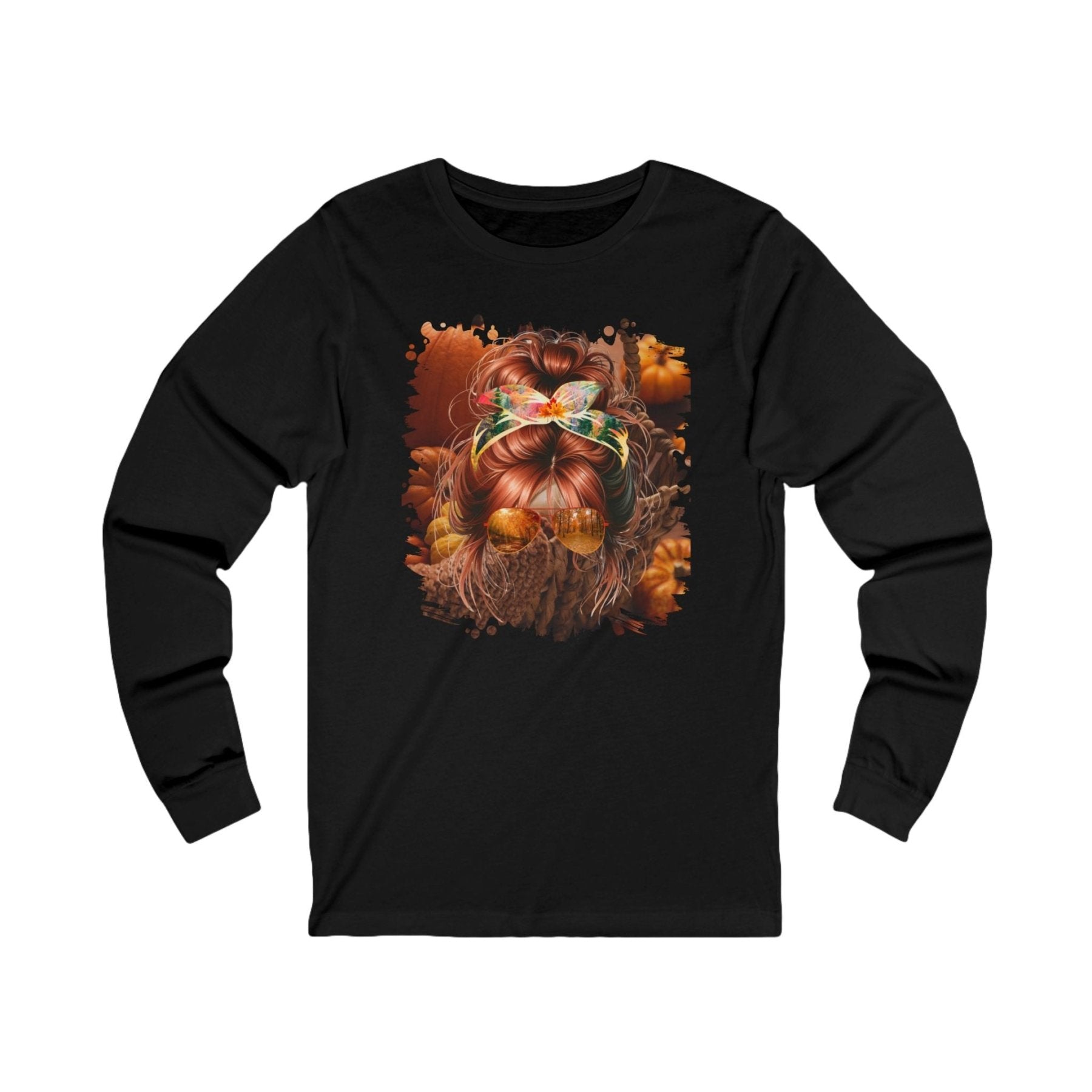 Fall Pumpkins, Red Hair Messy Bun, Unisex Jersey Long Sleeve Tee - Janlyn's Crafts