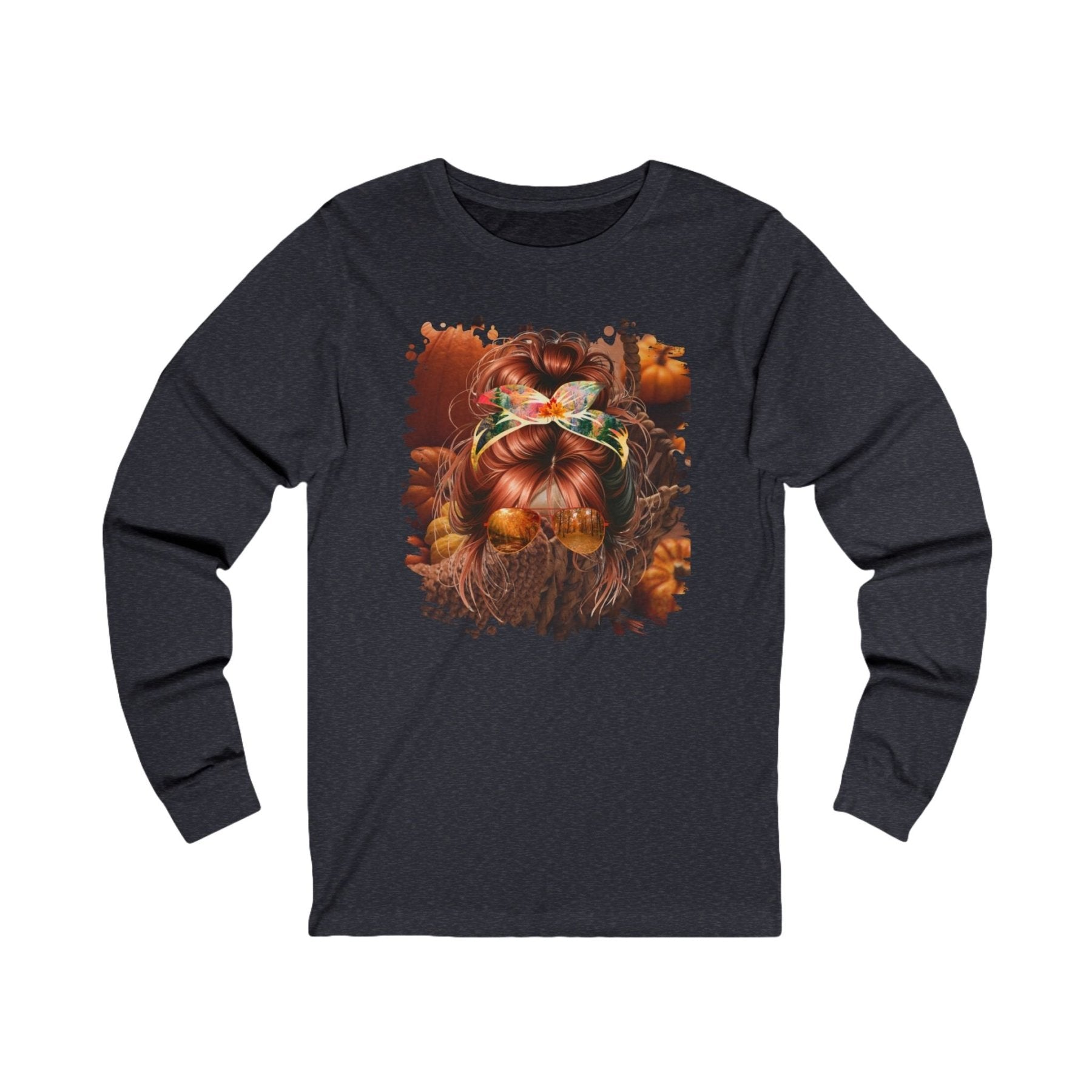 Fall Pumpkins, Red Hair Messy Bun, Unisex Jersey Long Sleeve Tee - Janlyn's Crafts