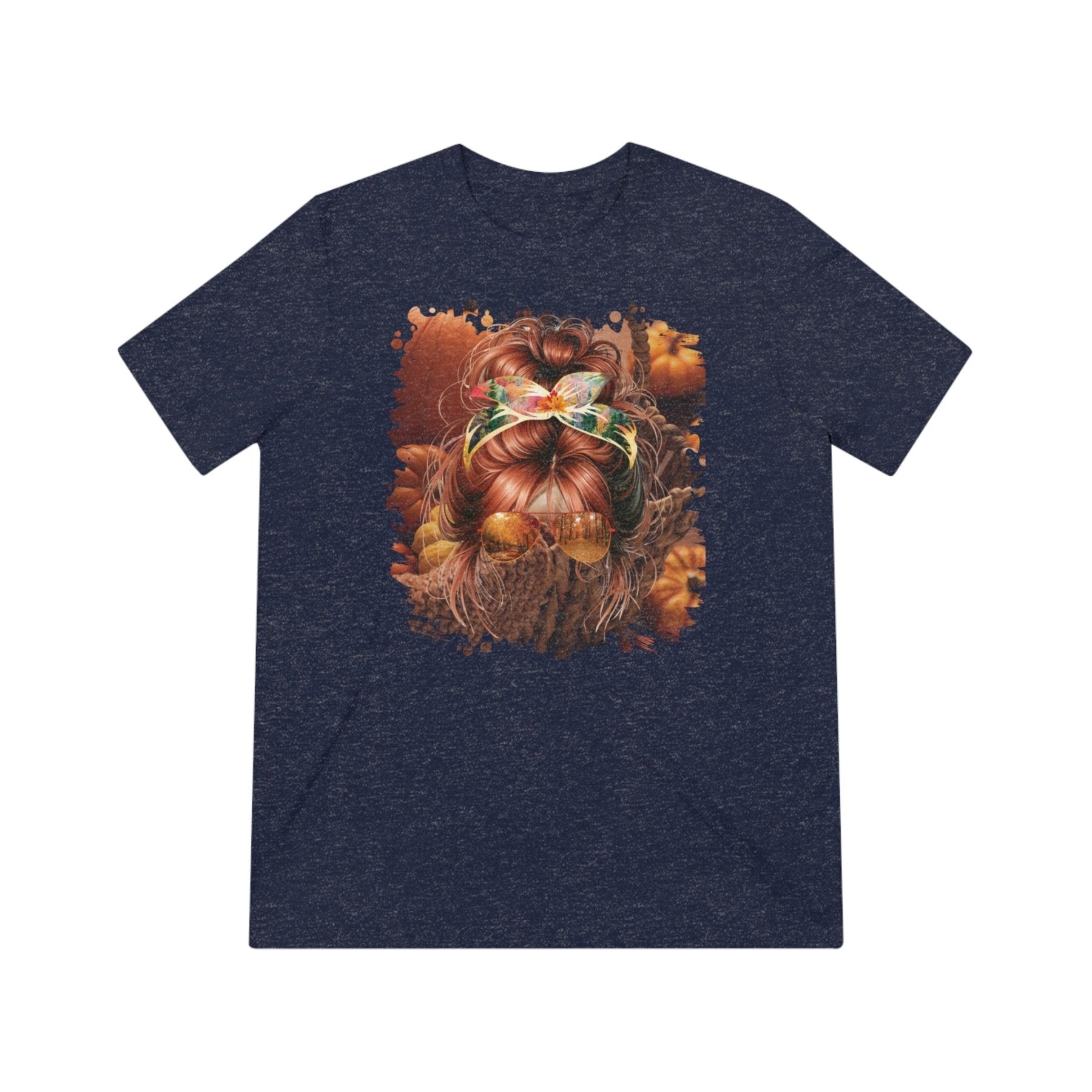 Fall Pumpkins, Red Hair Messy Bun, Unisex Triblend T - Shirt - Janlyn's Crafts