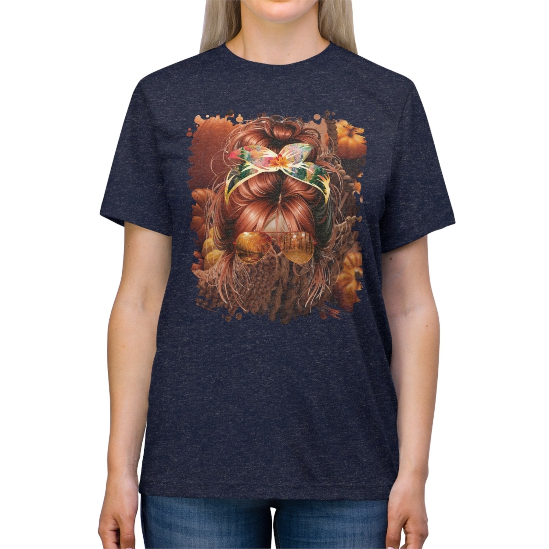 Fall Pumpkins, Red Hair Messy Bun, Unisex Triblend T - Shirt - Janlyn's Crafts