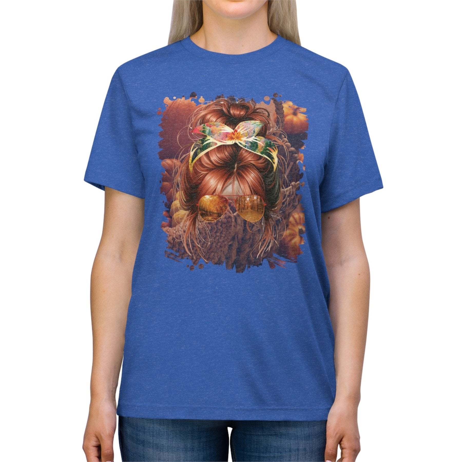 Fall Pumpkins, Red Hair Messy Bun, Unisex Triblend T - Shirt - Janlyn's Crafts