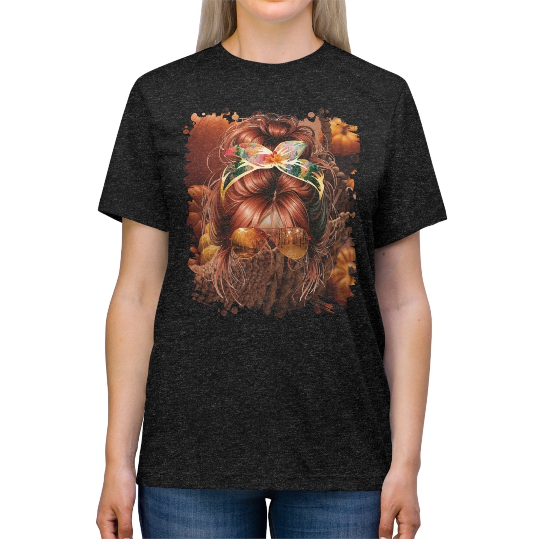 Fall Pumpkins, Red Hair Messy Bun, Unisex Triblend T - Shirt - Janlyn's Crafts