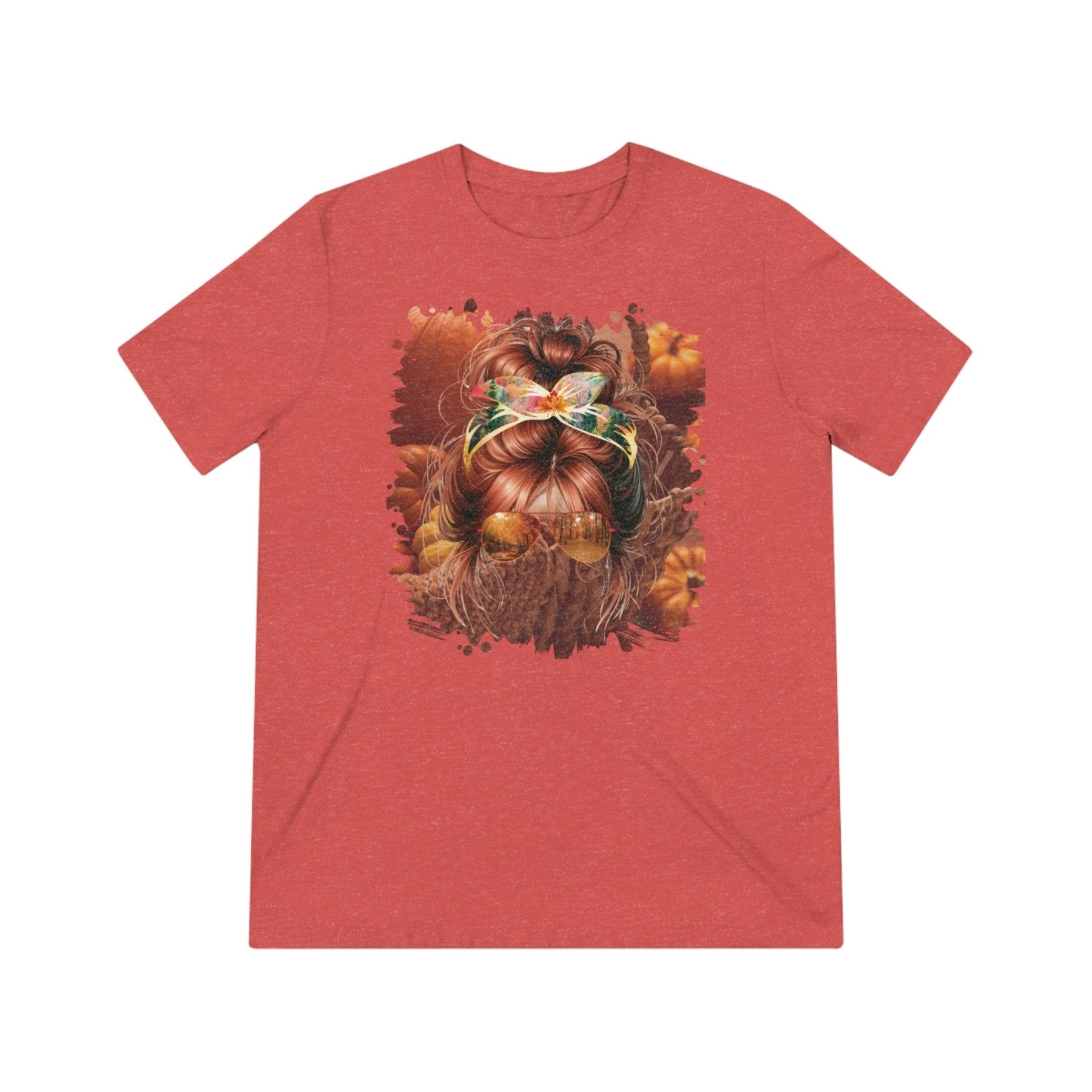 Fall Pumpkins, Red Hair Messy Bun, Unisex Triblend T - Shirt - Janlyn's Crafts