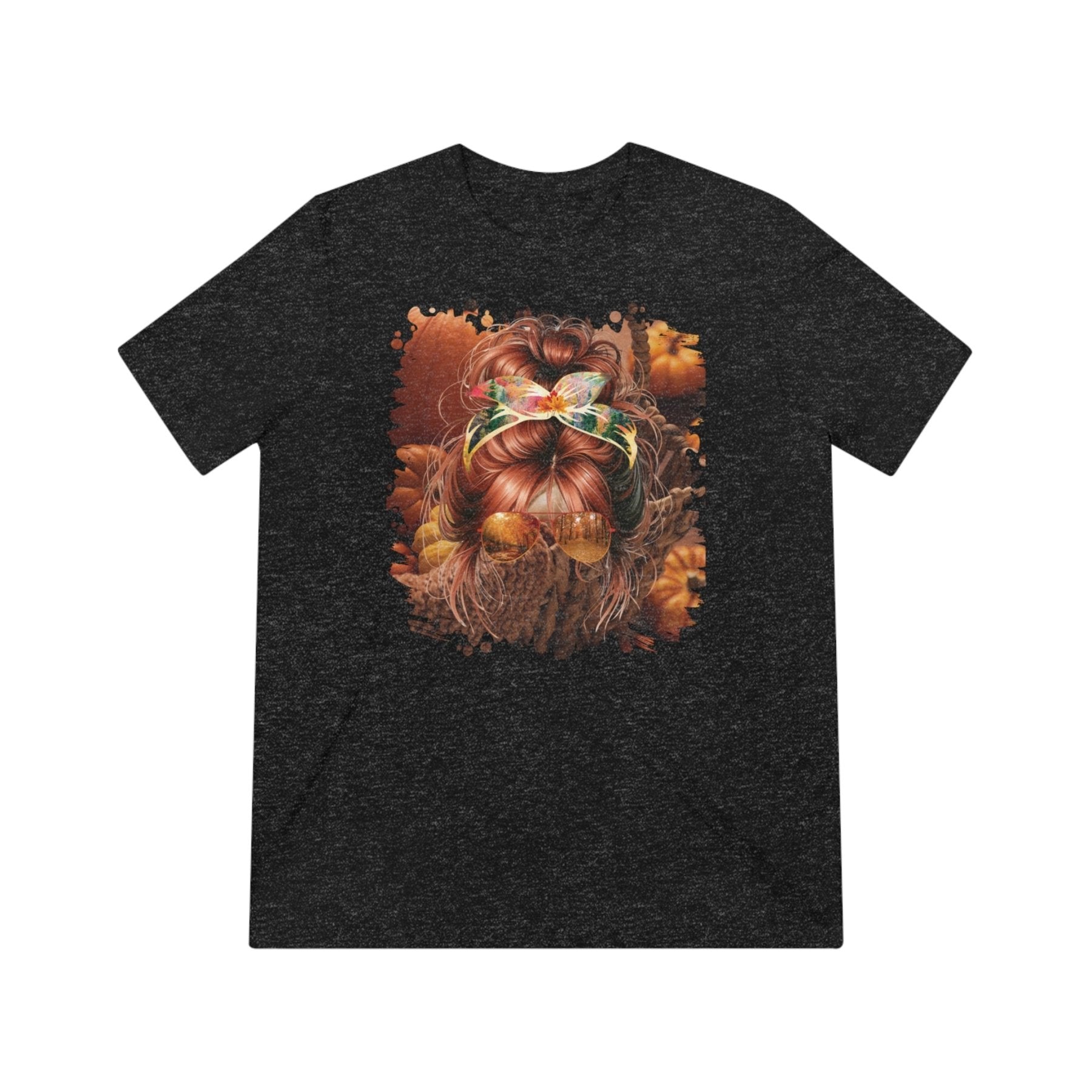 Fall Pumpkins, Red Hair Messy Bun, Unisex Triblend T - Shirt - Janlyn's Crafts