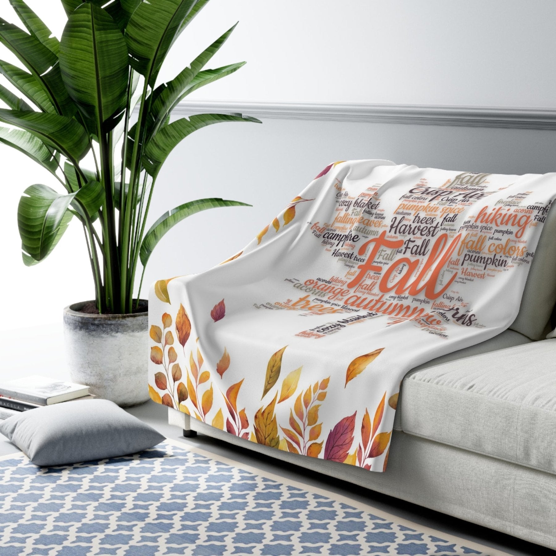 Fleece Blanket throw Fall words autumn leaves mockup | Janlyn's Crafts