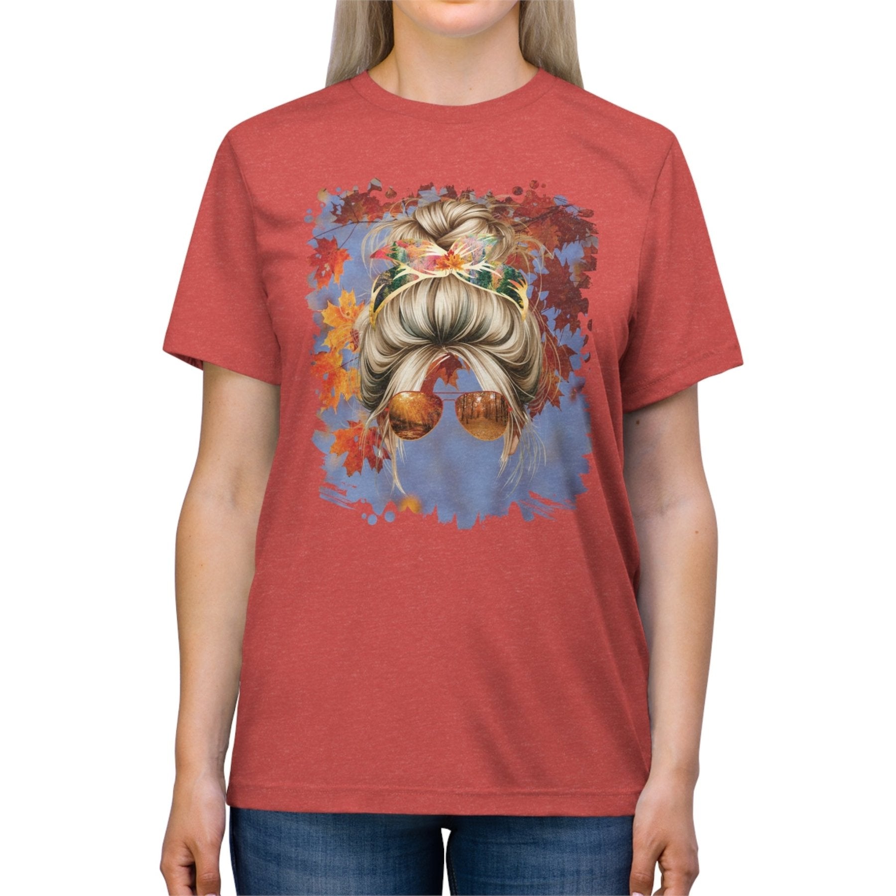 Fall Sky, Blond Hair Messy Bun, Unisex Triblend T - Shirt - Janlyn's Crafts