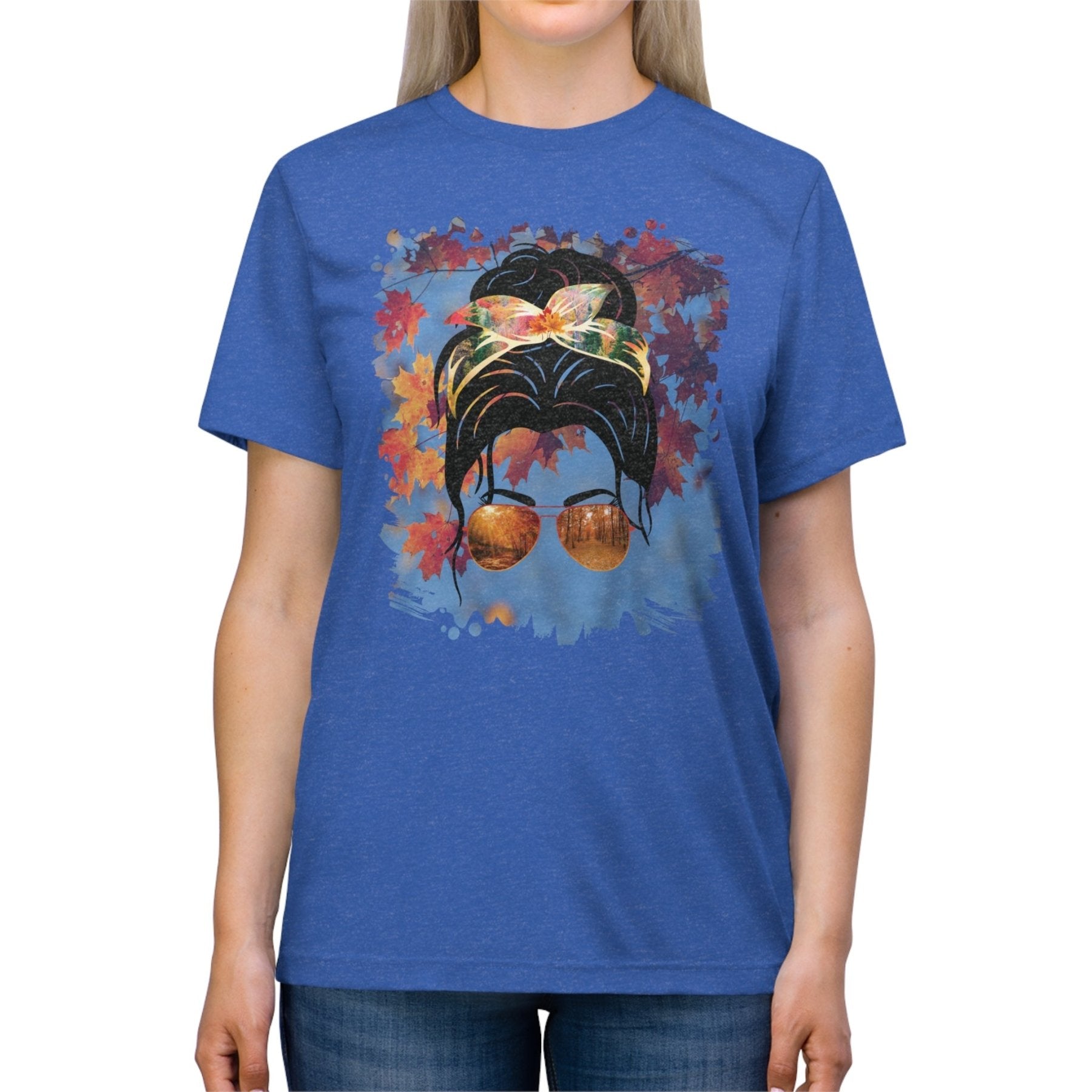 Fall Sky, Dark Hair Messy Bun, Unisex Triblend T - Shirt - Janlyn's Crafts