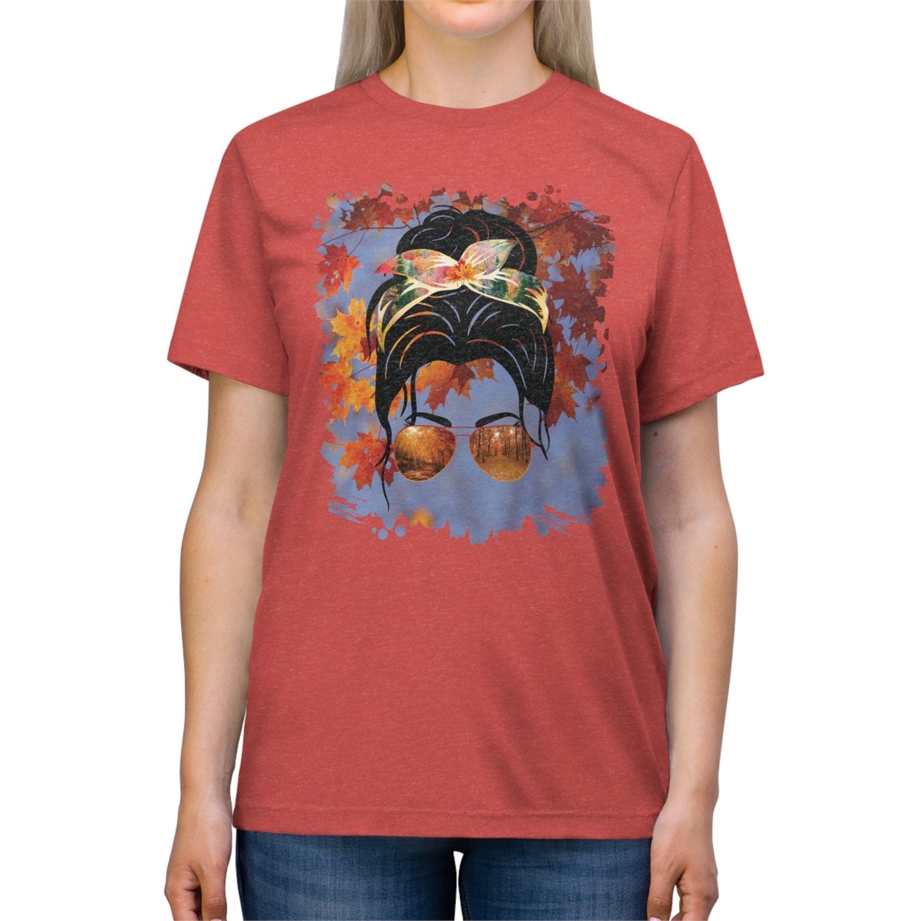 Fall Sky, Dark Hair Messy Bun, Unisex Triblend T - Shirt - Janlyn's Crafts