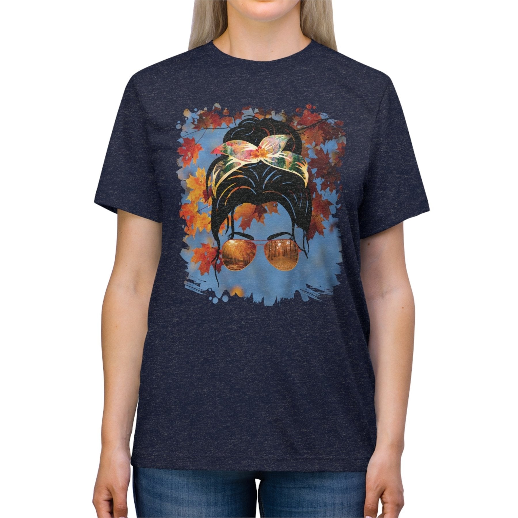 Fall Sky, Dark Hair Messy Bun, Unisex Triblend T - Shirt - Janlyn's Crafts