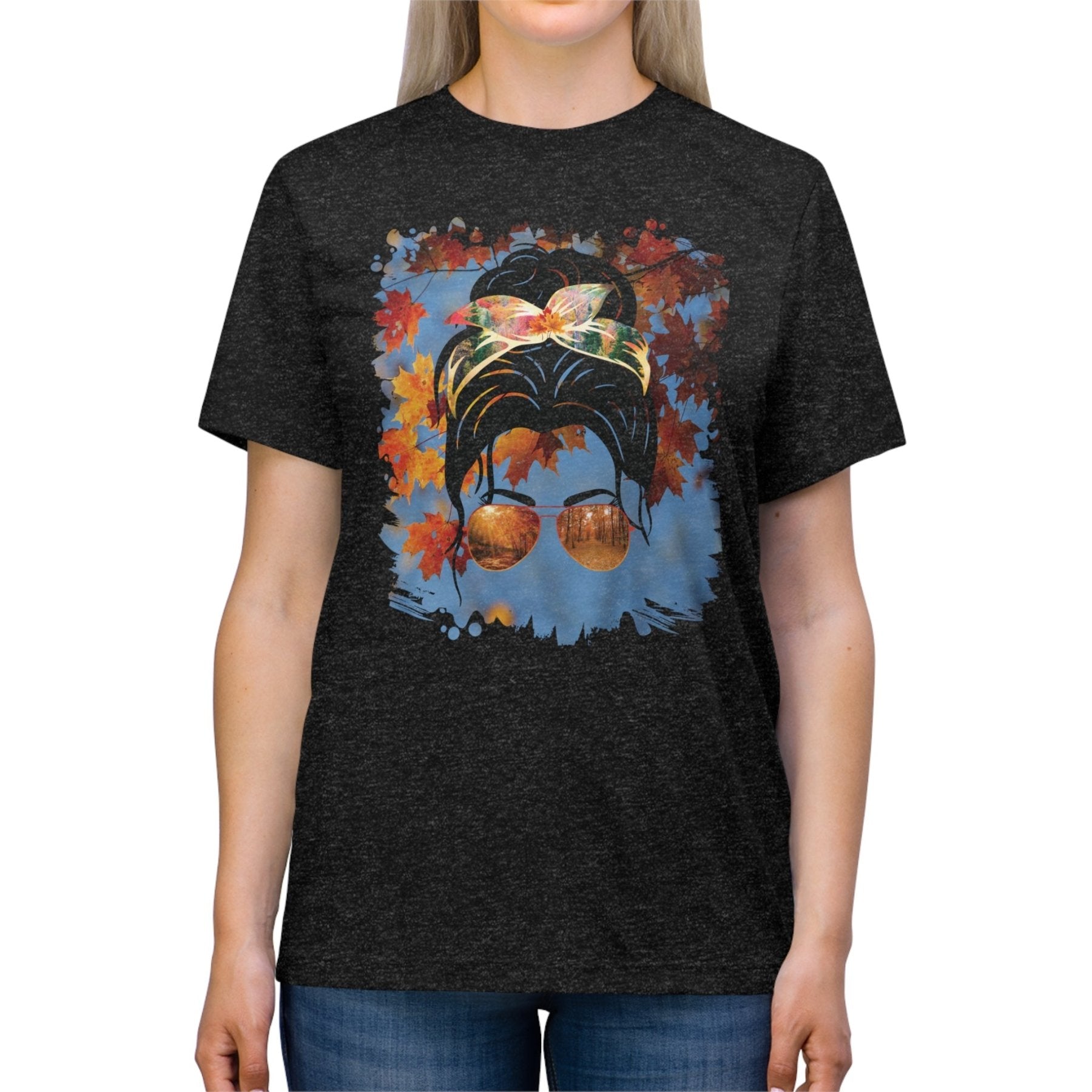 Fall Sky, Dark Hair Messy Bun, Unisex Triblend T - Shirt - Janlyn's Crafts