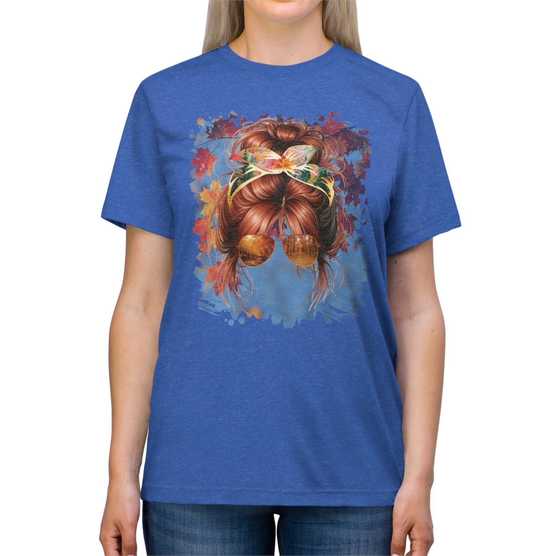 Fall Sky, Red Hair Messy Bun, Unisex Triblend T - Shirt - Janlyn's Crafts