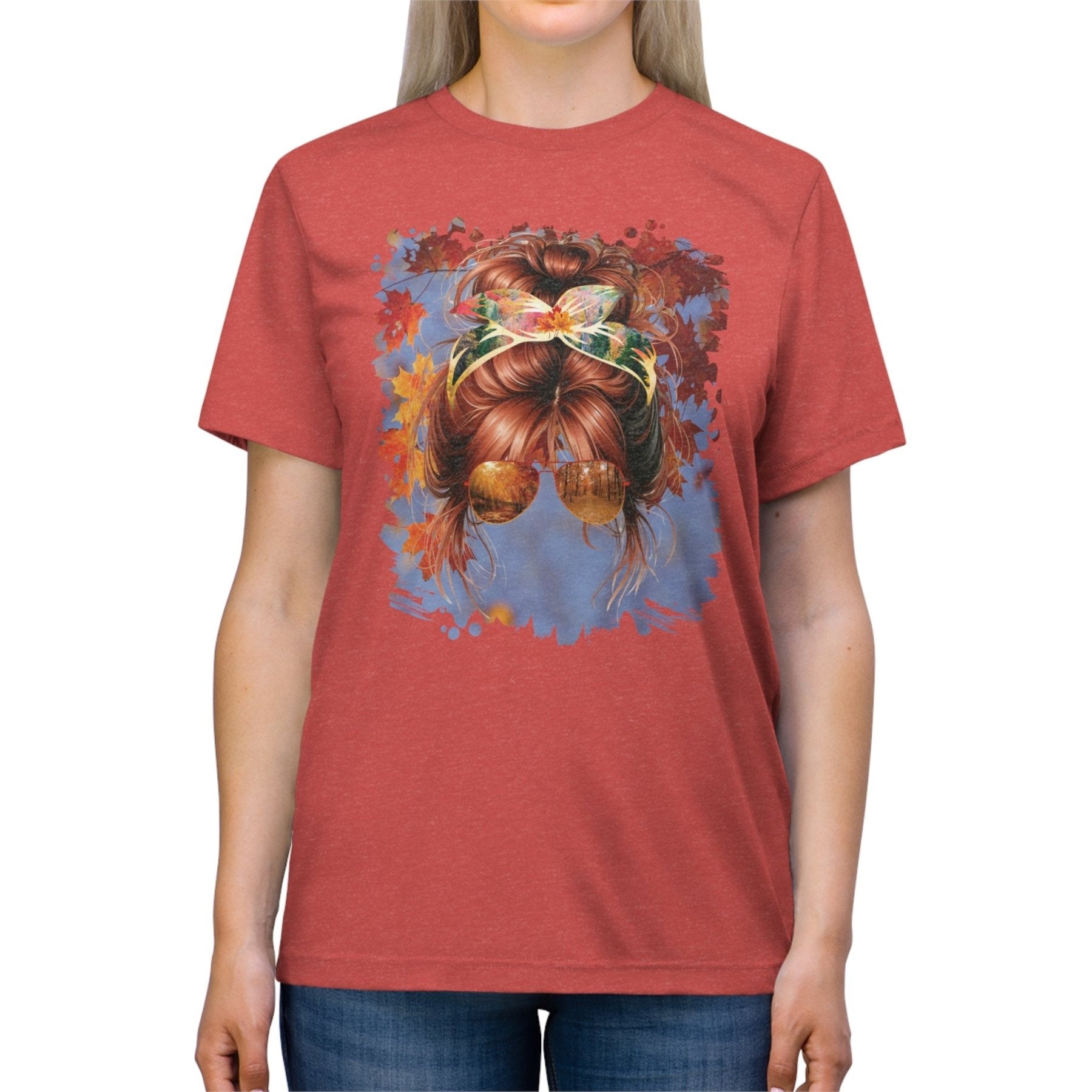 Fall Sky, Red Hair Messy Bun, Unisex Triblend T - Shirt - Janlyn's Crafts