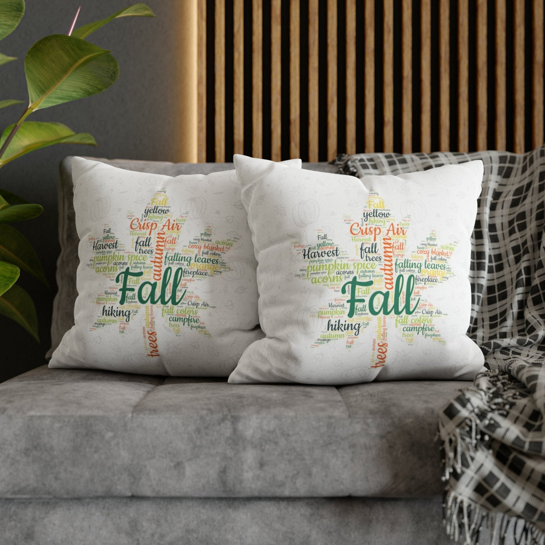 Square Throw Pillow Cover Case Fall Autumn Descriptive Words with Leaves and Pumpkins Mockup | Janlyn's Crafts