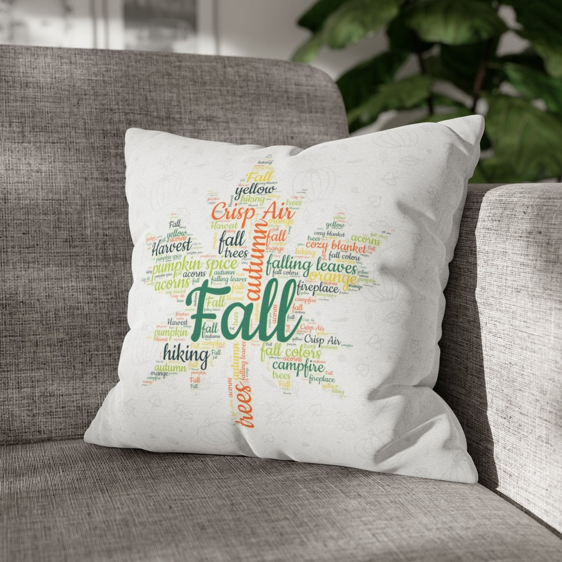 Square Throw Pillow Cover Case Fall Autumn Descriptive Words with Leaves and Pumpkins Mockup | Janlyn's Crafts