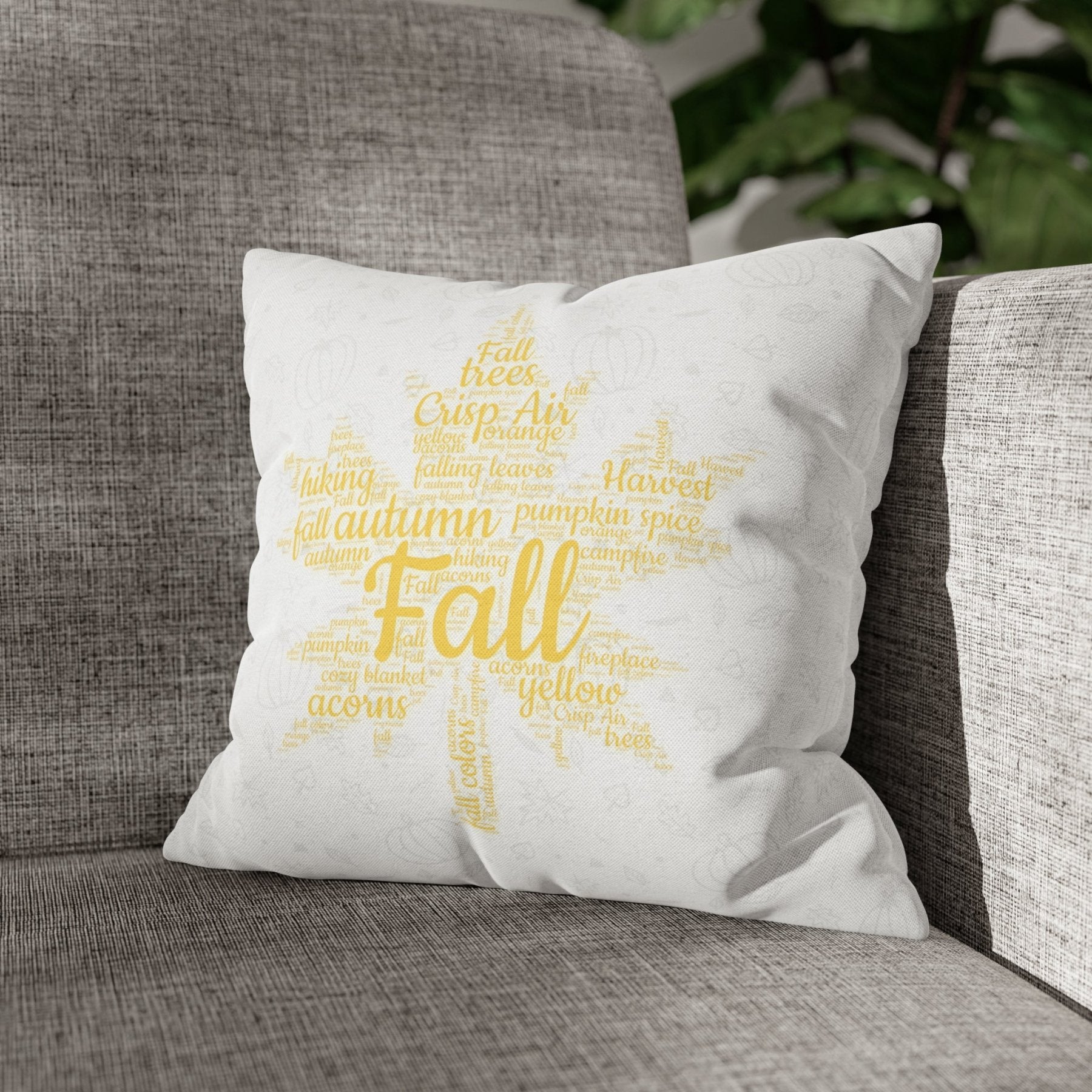 Square Throw Pillow Cover Case Fall Autumn Descriptive Words with Leaves and Pumpkins Mockup | Janlyn's Crafts